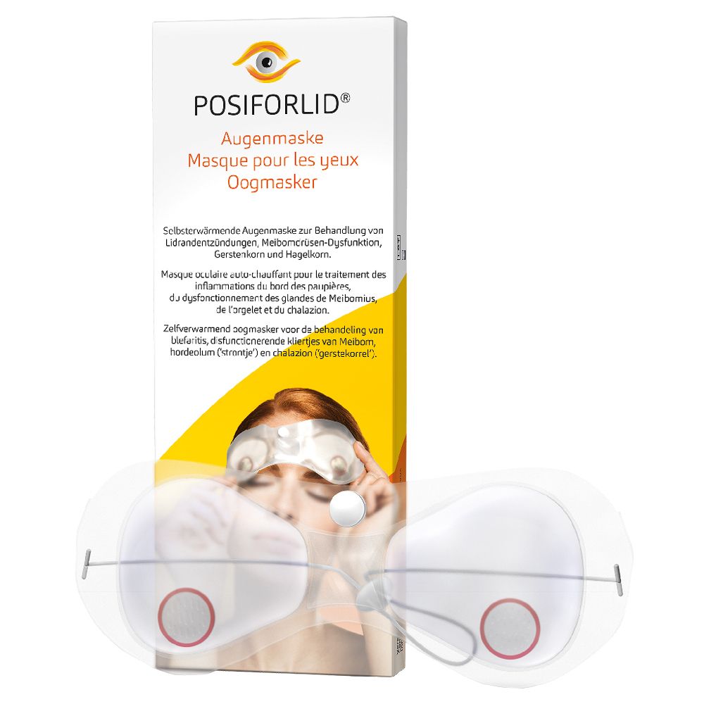 Augenmaske und Verpackung. Produktname POSIFORLID®. Text in Deutsch, Französisch und Niederländisch. Frau mit Augenmaske.