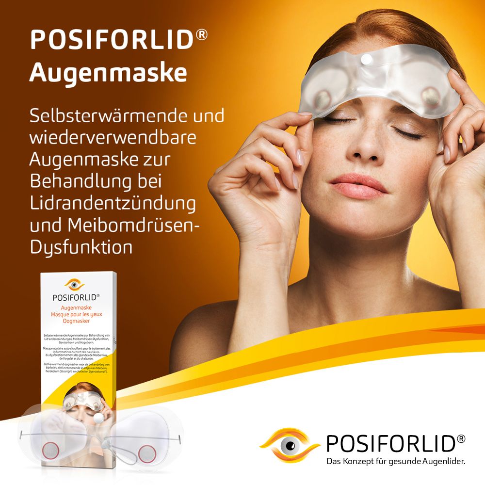 Produkt POSIFORLID® Augenmaske. Frau mit Augenmaske. Text in Deutsch. Wiederverwendbare Augenmaske bei Lidrandentzündung.