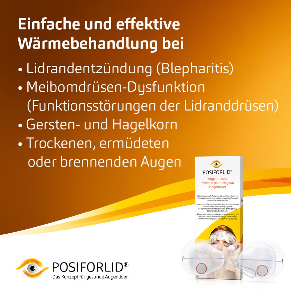Text mit Aufzählungspunkten: Lidrandentzündung, Meibomdrüsen-Dysfunktion, Gersten- und Hagelkorn. Produktverpackung im Hintergrund.
