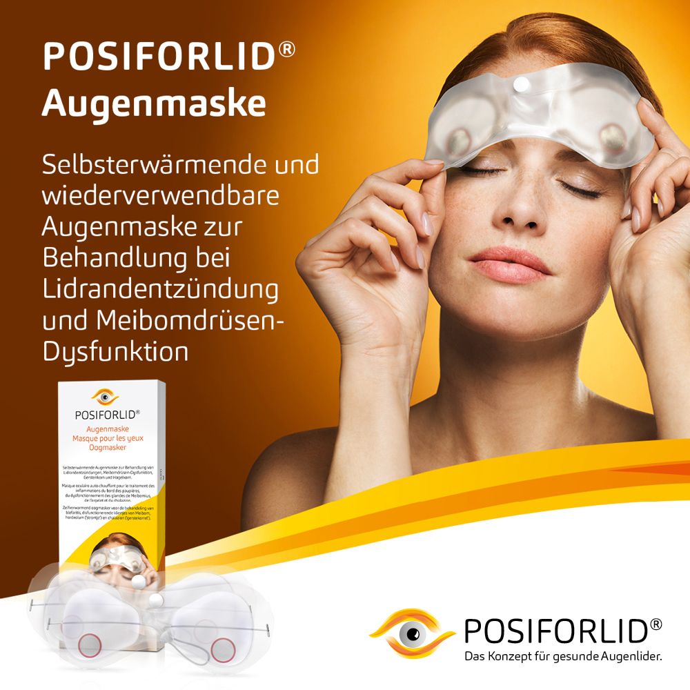 Frau mit Augenmaske. Verpackung im Hintergrund. Text: POSIFORLID® Augenmaske. Konzept für gesunde Augenlider.