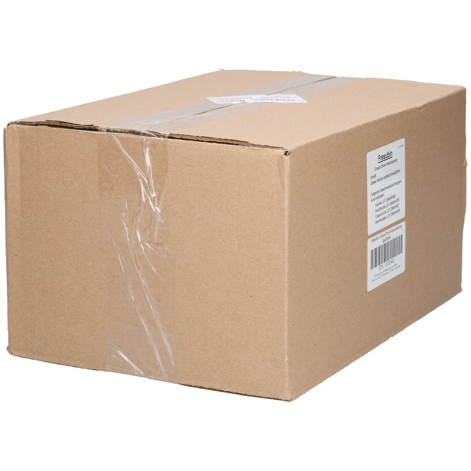 Braune Kartonverpackung mit Klebebandverschluss. Ein kleiner Aufkleber oben. Aufkleber mit Produktinformationen auf der Seite.
