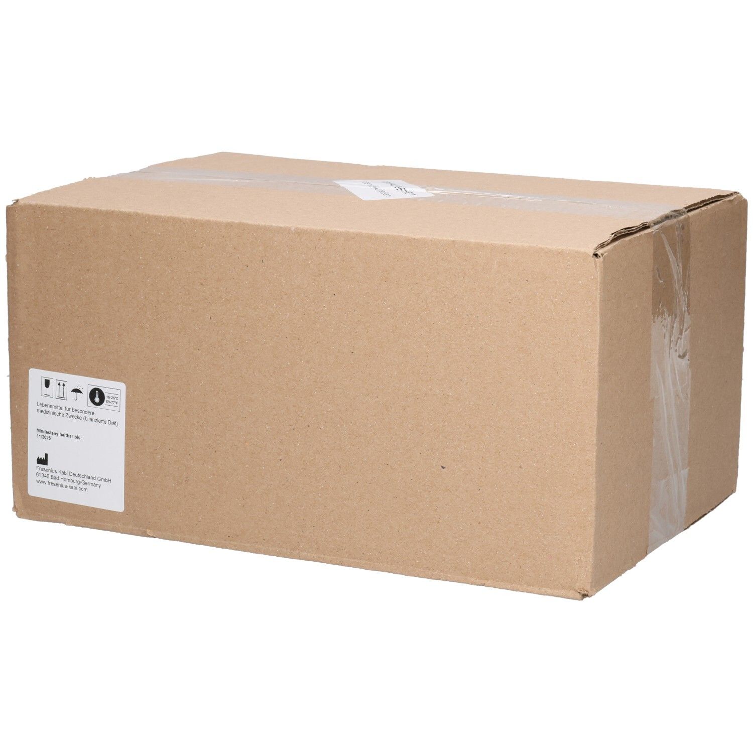 Braune Kartonverpackung mit Klebebandverschluss. Aufkleber mit Produktinformationen und Symbolen. Perspektivische Ansicht.