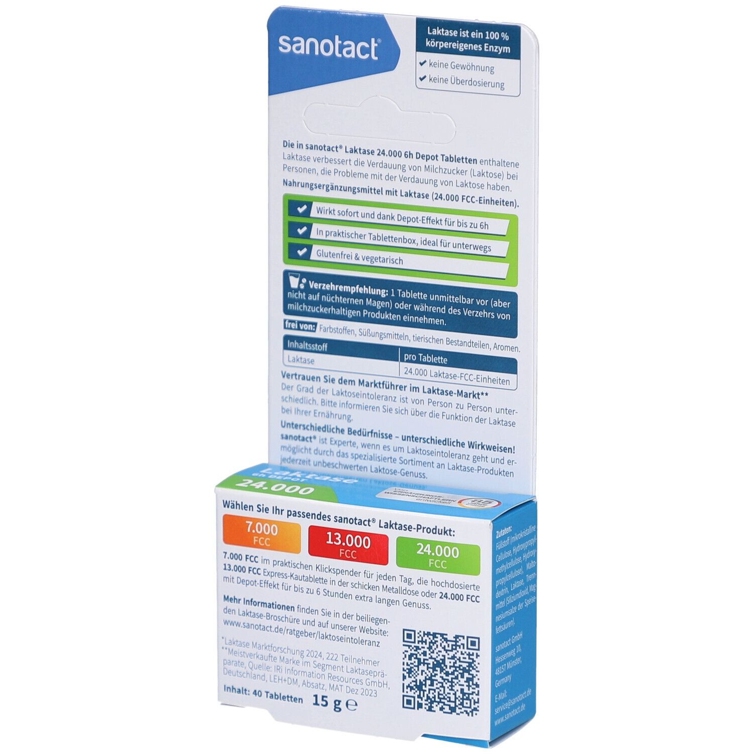 Rückseite der Sanotact Laktase 6h DEPOT 24.000 Tablettenbox. Enthält Informationen zu Inhaltsstoffen und Dosierung.