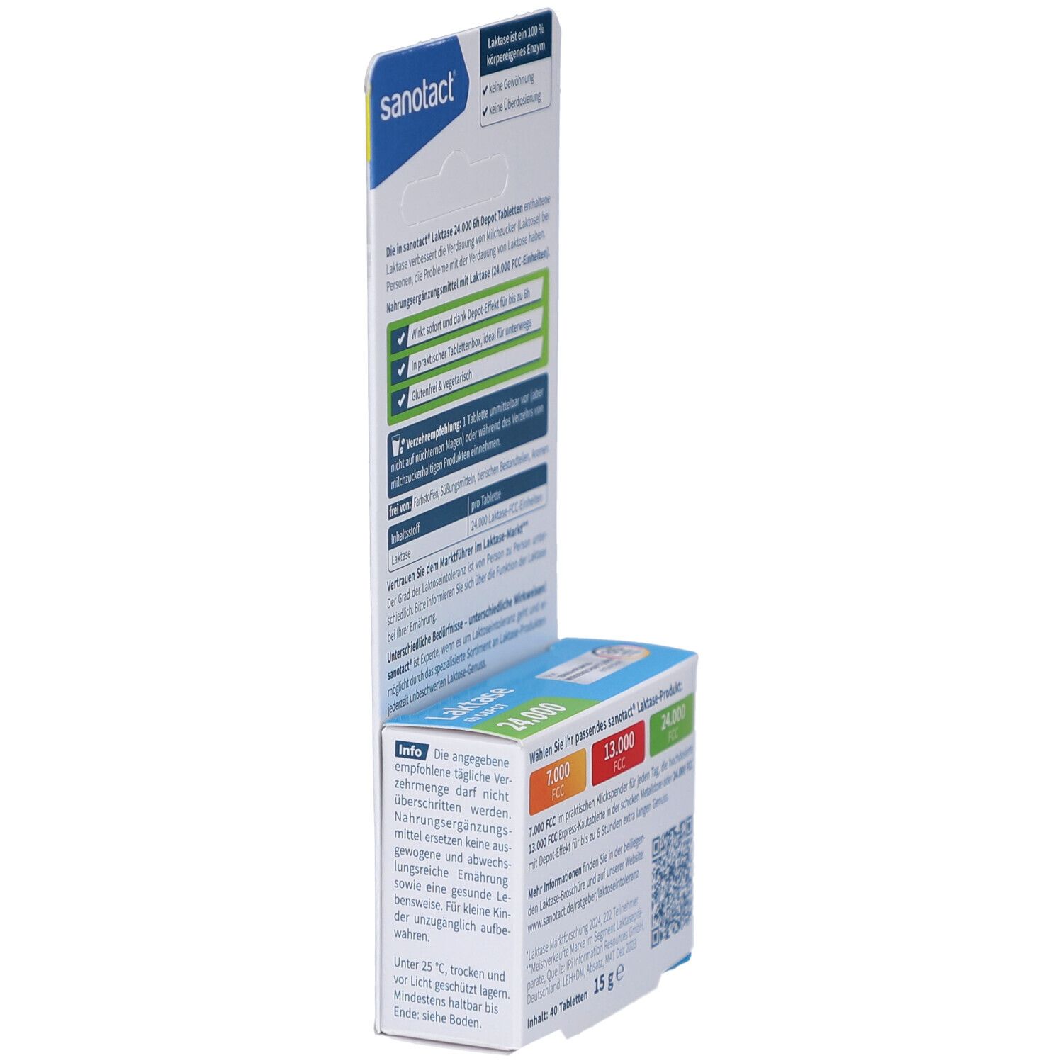 Rückseite der Sanotact Laktase 6h DEPOT 24.000 Tablettenbox. Informationen zu Inhaltsstoffen, Dosierung und Lagerung.
