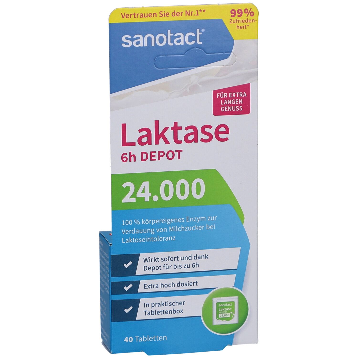 Sanotact Laktase 6h DEPOT 24.000 Tablettenbox. Enthält 40 Tabletten. Aufschrift: 100% körpereigenes Enzym zur Verdauung von Milchzucker.