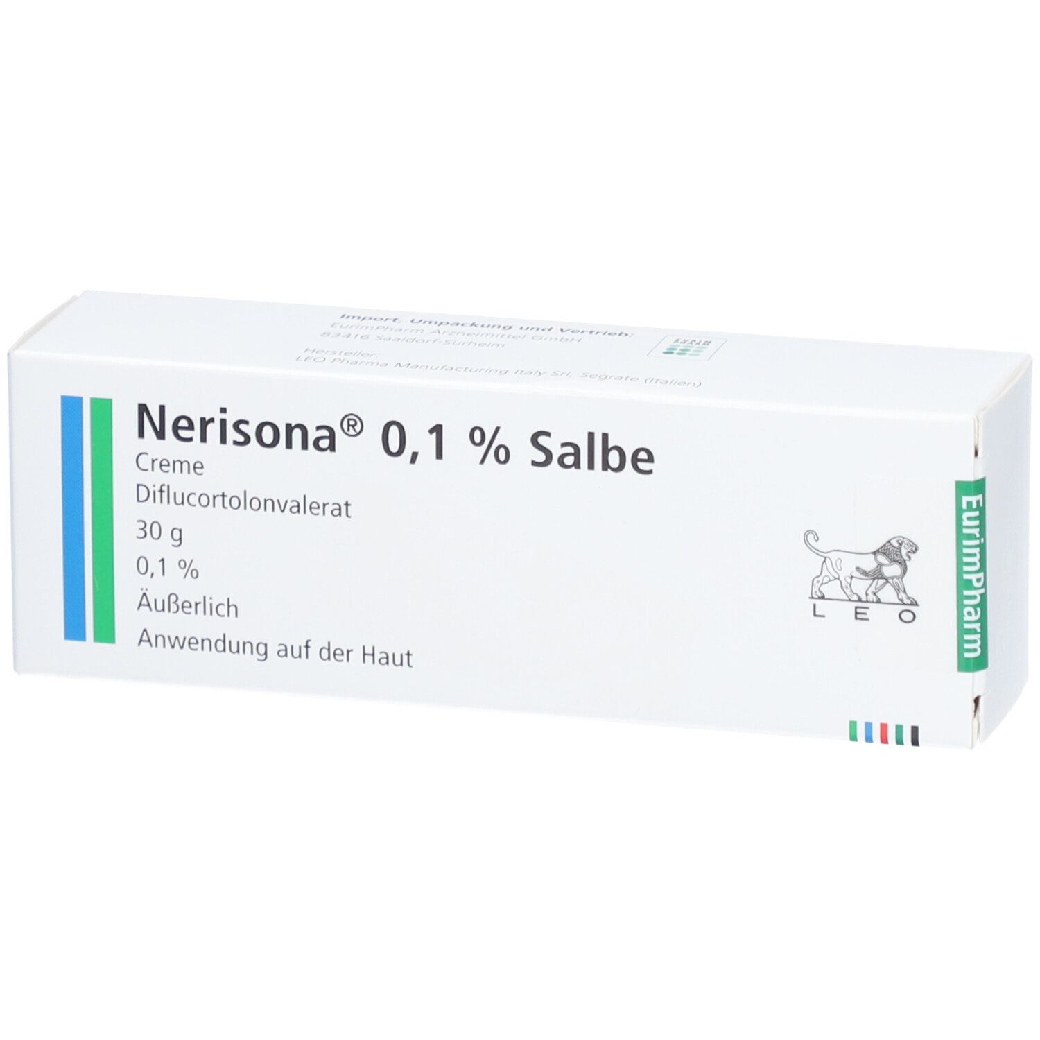 Weiße Faltschachtel mit grünen und blauen Streifen. Aufschrift: Nerisona 0,1% Salbe. Enthält 30g Creme. Hersteller: EurimPharm.
