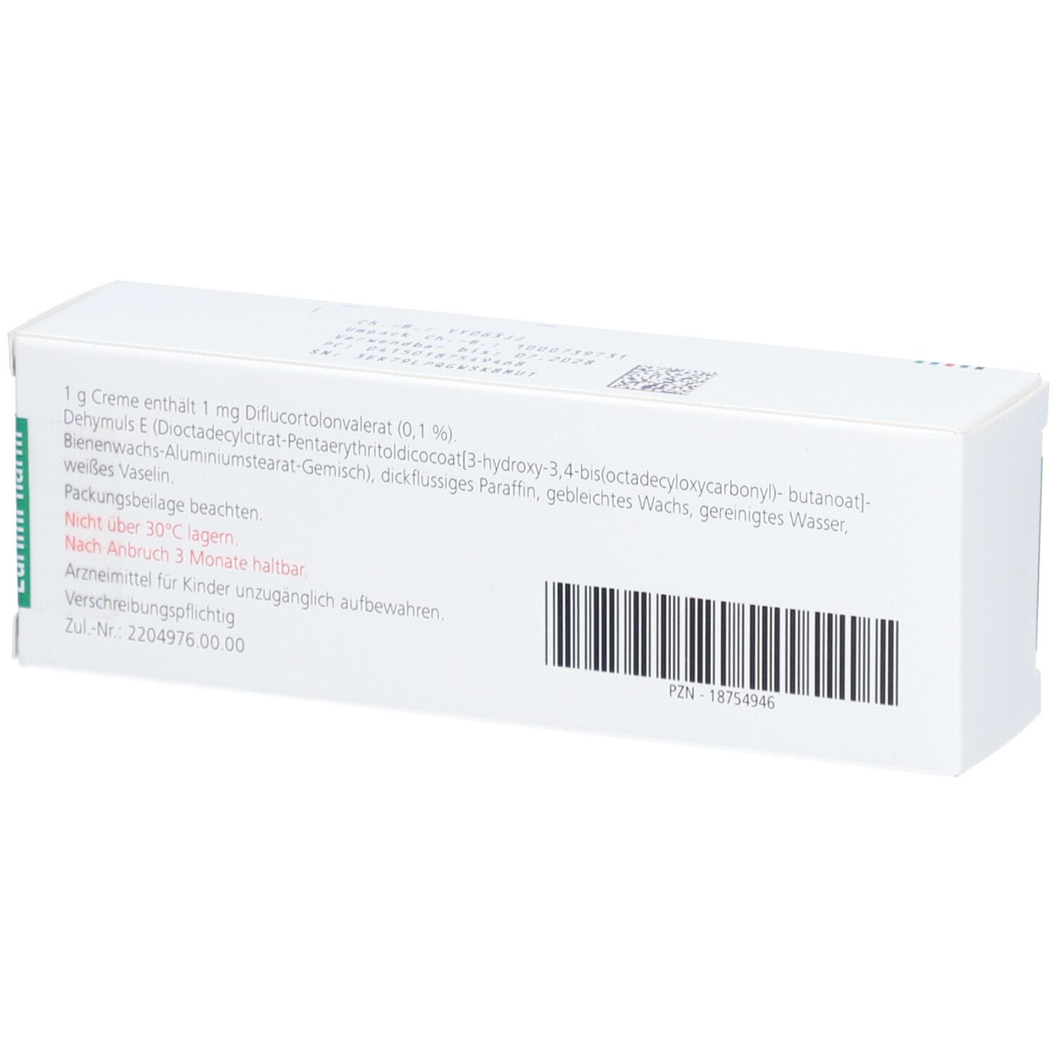 Rückseite einer weißen Faltschachtel. Barcode und Text. Herstellerinformationen. Aufschrift: Nerisona 0,1% Salbe.