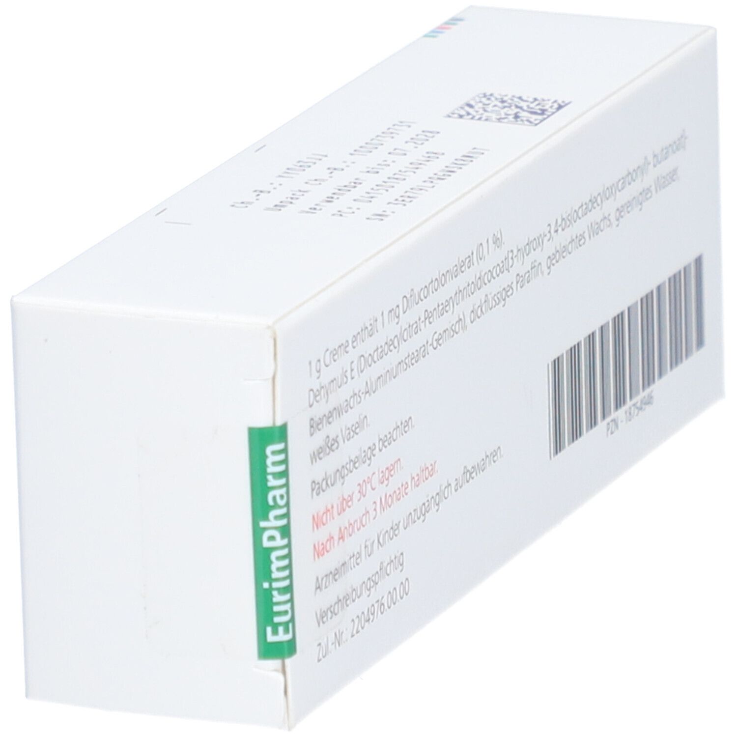 Schräg gestellte weiße Faltschachtel. Barcode und Text. Herstellerinformationen. Aufschrift: EurimPharm.