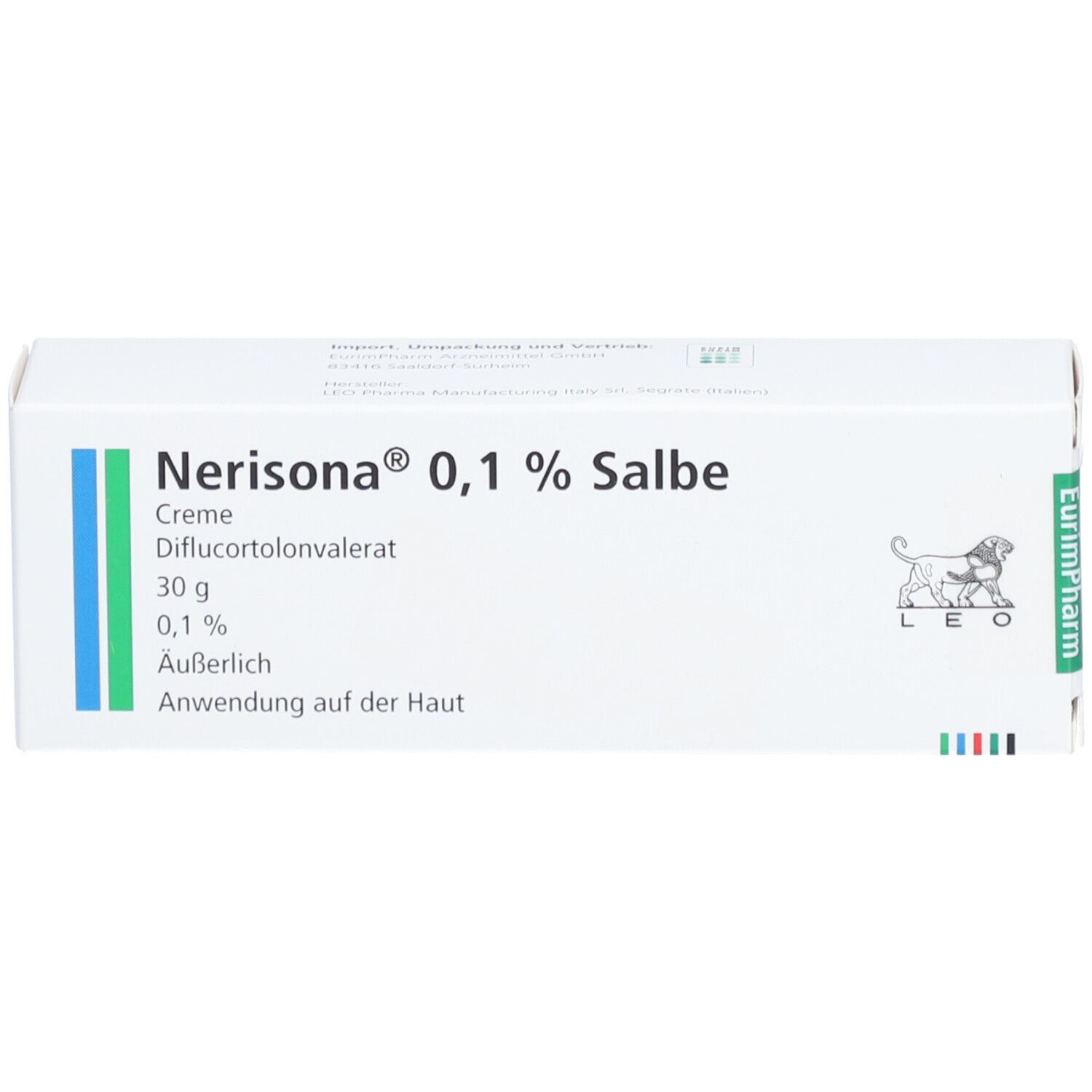 Weiße Faltschachtel mit grünen und blauen Streifen. Aufschrift: Nerisona 0,1% Salbe. Enthält 30g Creme. Hersteller: EurimPharm.