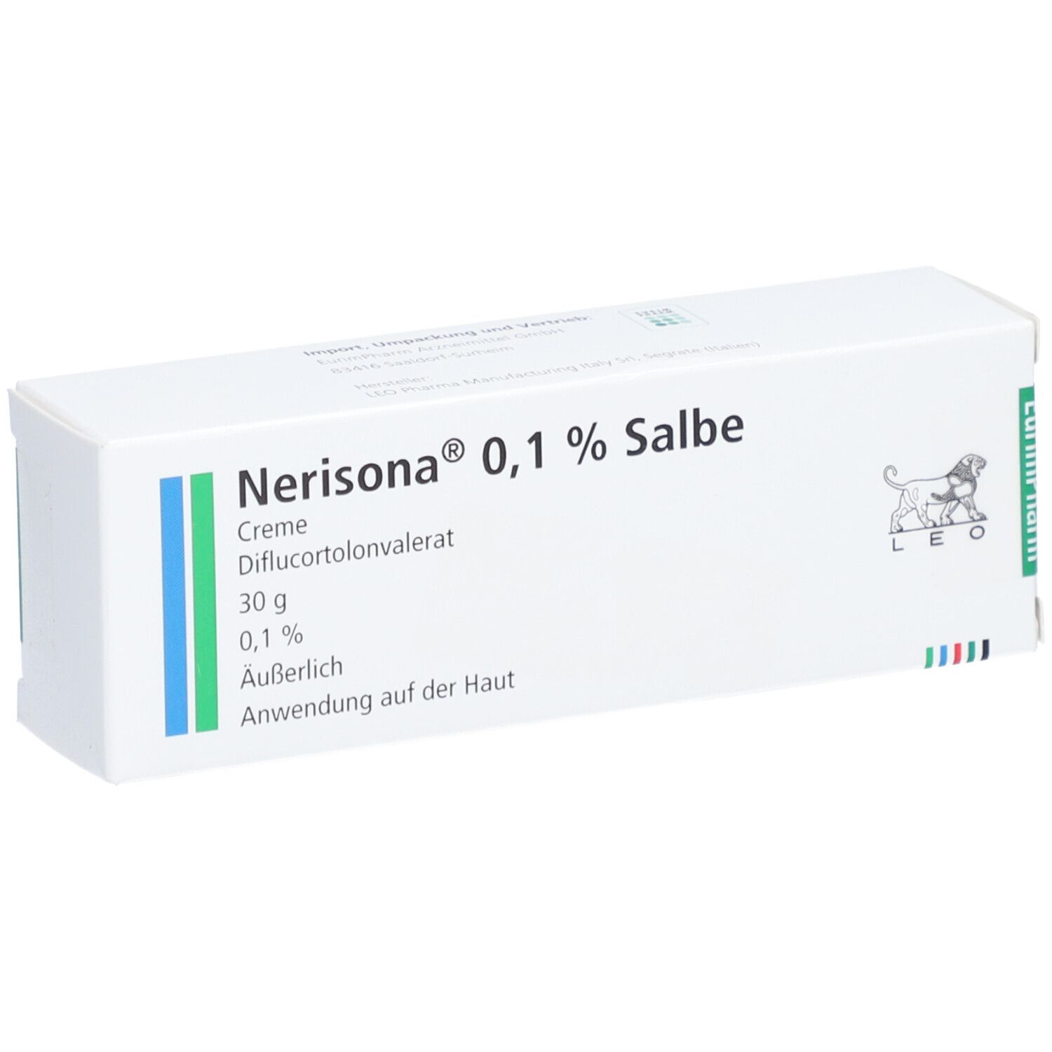 Weiße Faltschachtel mit grünen und blauen Streifen. Aufschrift: Nerisona 0,1% Salbe. Enthält 30g Creme. Hersteller: EurimPharm.