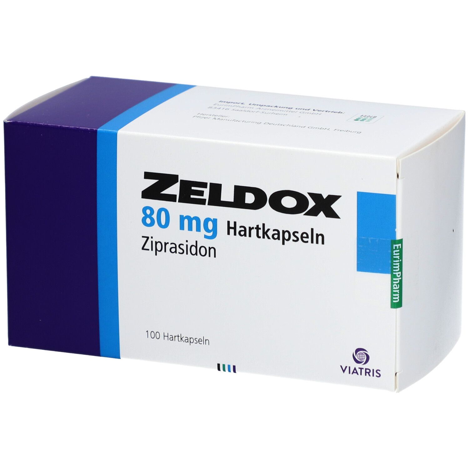 ZELDOX 80 mg Hartkapseln-Packung. Weiße Schachtel mit blauem Streifen. Text: ZELDOX, 80 mg, Hartkapseln, Ziprasidon. Viatris-Logo.