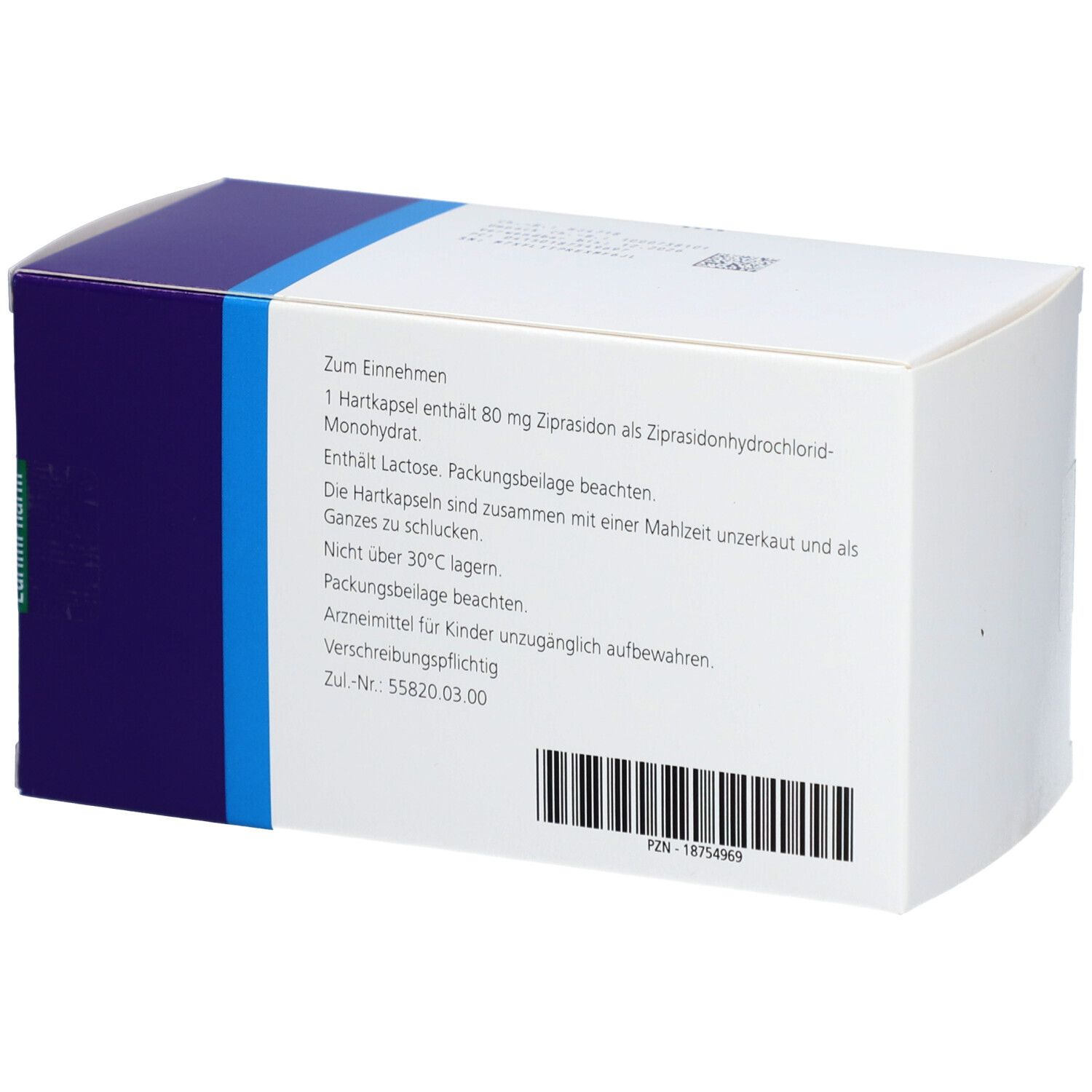 Rückseite der ZELDOX 80 mg Hartkapseln-Packung. Text: Zum Einnehmen, Inhaltsstoffe, Lagerungshinweise, Zulassungsnummer, Barcode.