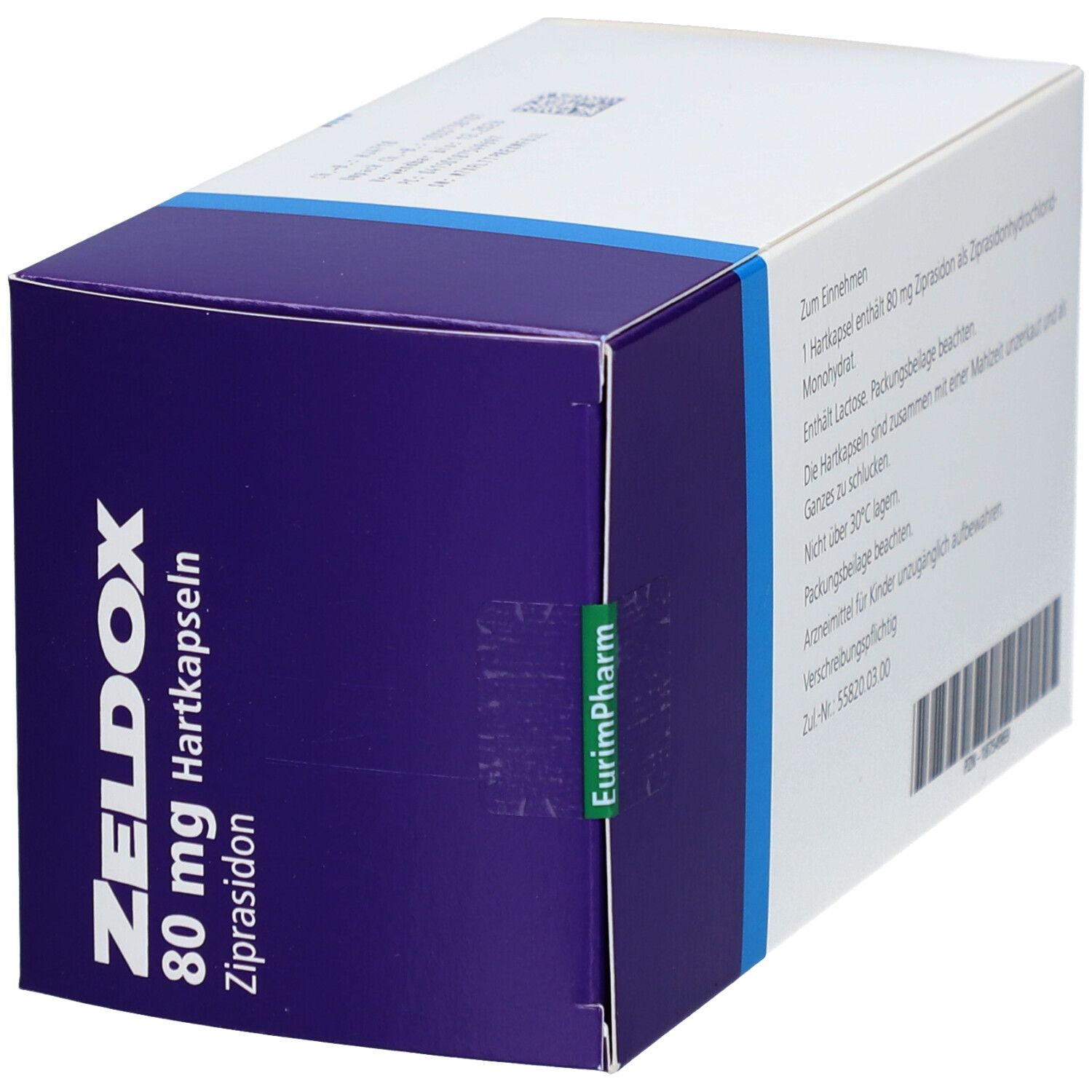 ZELDOX 80 mg Hartkapseln-Packung. Blaue und weiße Schachtel. Text: ZELDOX, 80 mg, Hartkapseln, Ziprasidon. EurimPharm-Siegel.