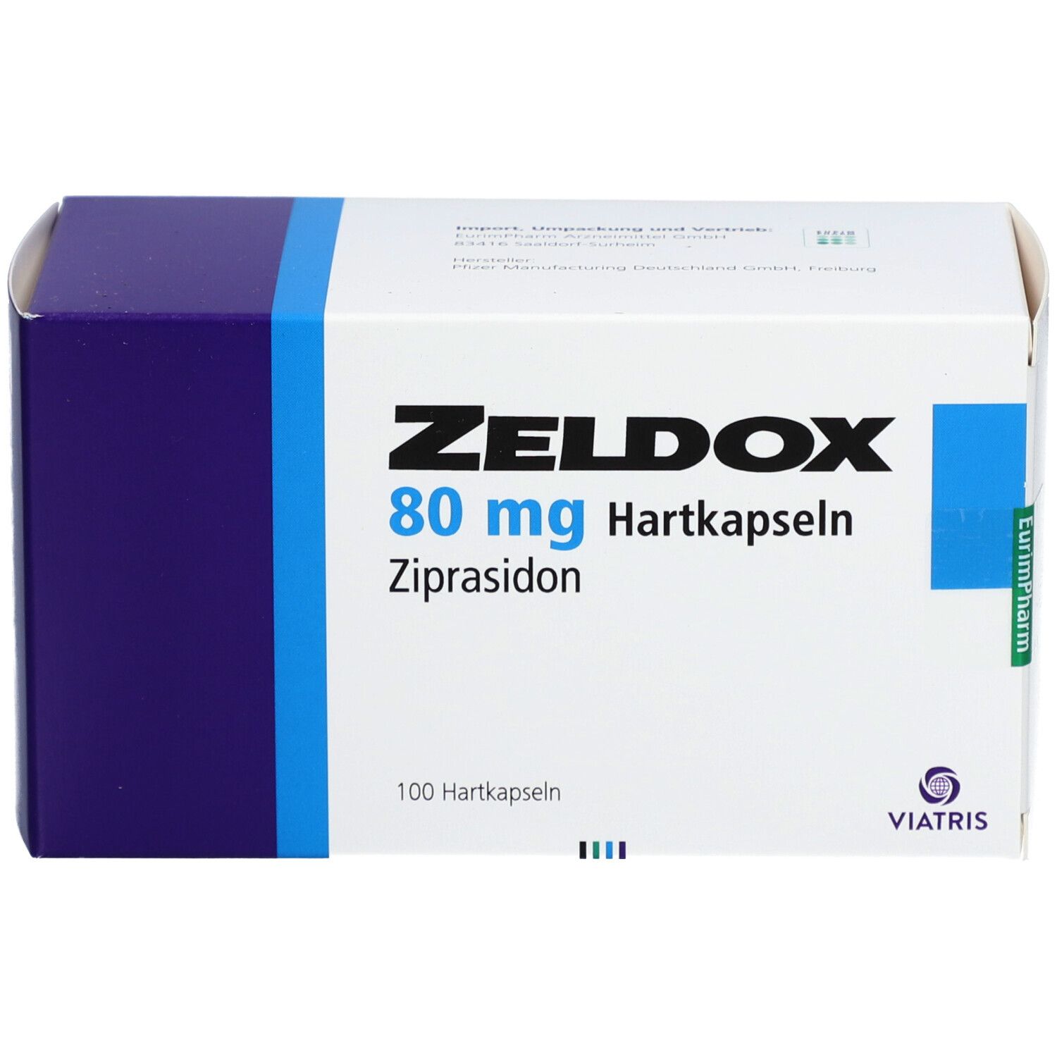 ZELDOX 80 mg Hartkapseln-Packung. Weiße Schachtel mit blauem Deckel. Text: ZELDOX, 80 mg, Hartkapseln, Ziprasidon. Viatris-Logo.
