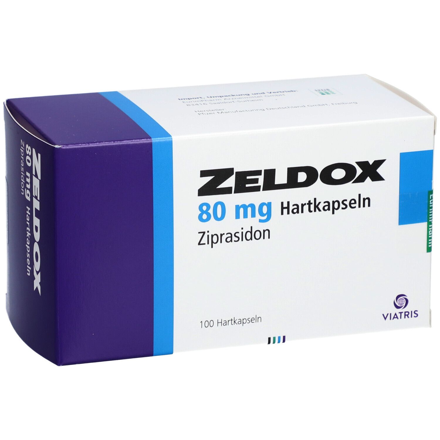 ZELDOX 80 mg Hartkapseln-Packung. Weiße Schachtel mit blauem Deckel. Text: ZELDOX, 80 mg, Hartkapseln, Ziprasidon. 100 Hartkapseln. Viatris-Logo.