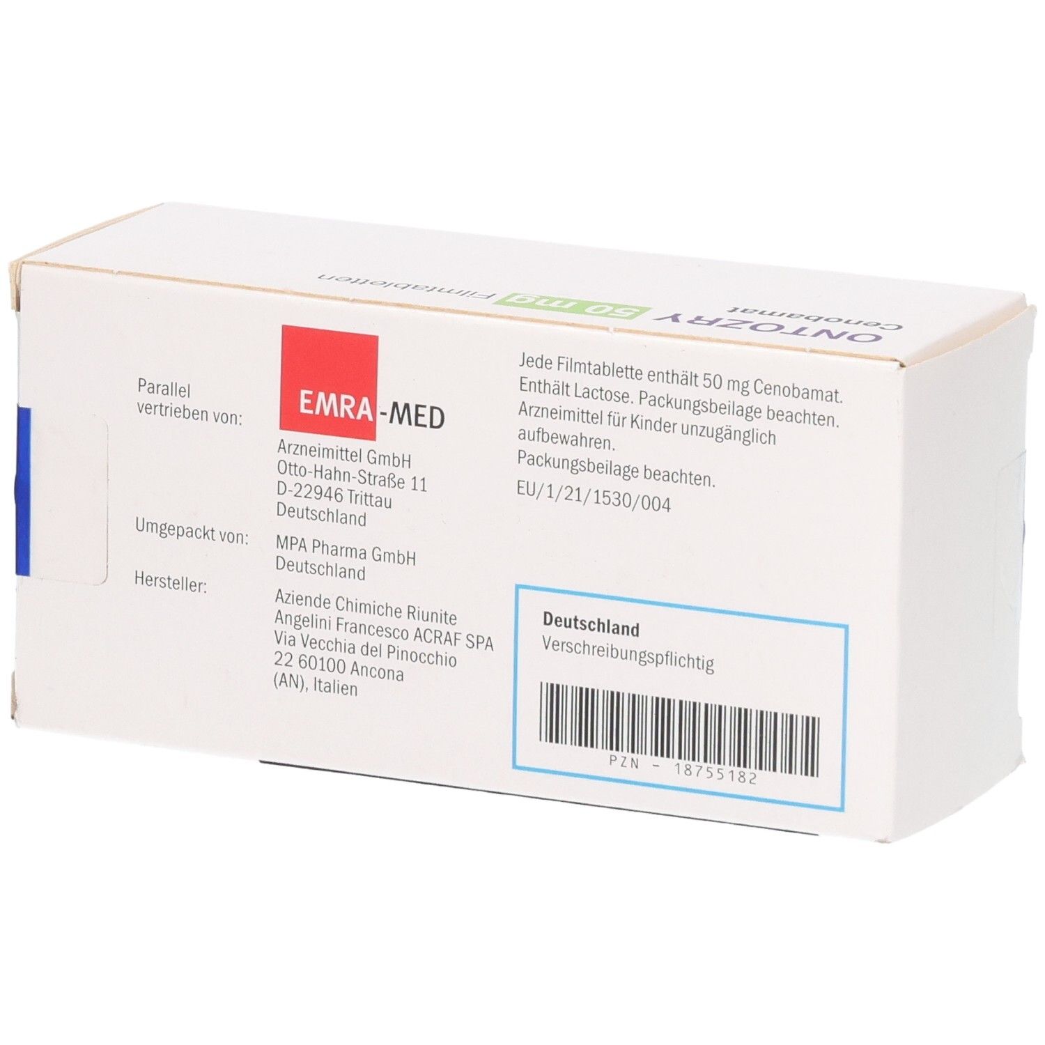 ONTOZRY 50 mg Filmtabletten: Rückseite der Packung mit Hersteller- und Zulassungsinformationen.