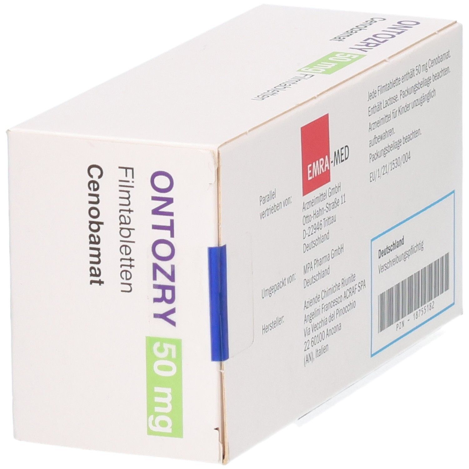ONTOZRY 50 mg Filmtabletten: Rückseite der Packung mit Hersteller- und Zulassungsinformationen.