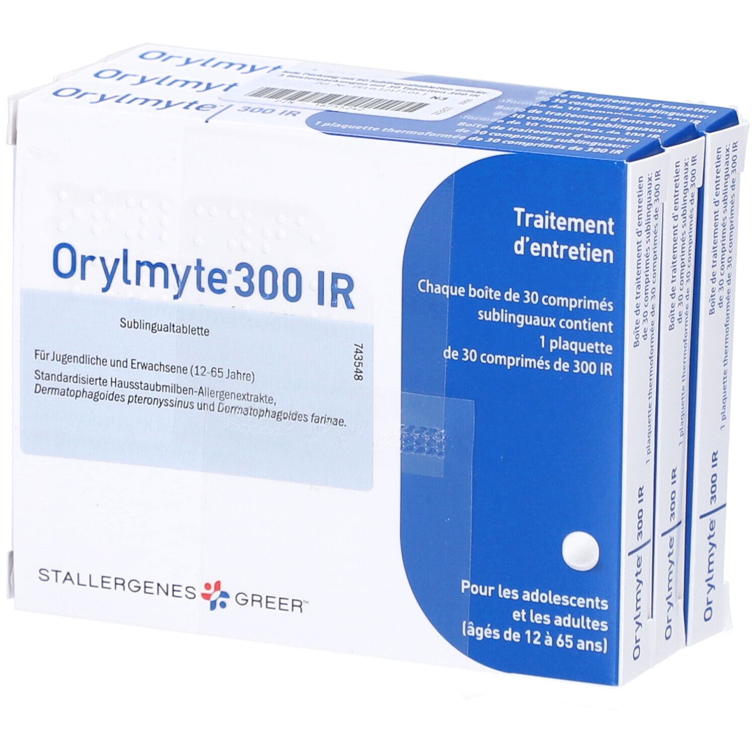 Orylmite 300 IR Sublingualtablette. Weiße Schachtel mit blauer Akzentfarbe. Enthält Tabletten. Text: STALLERGENES GREER.