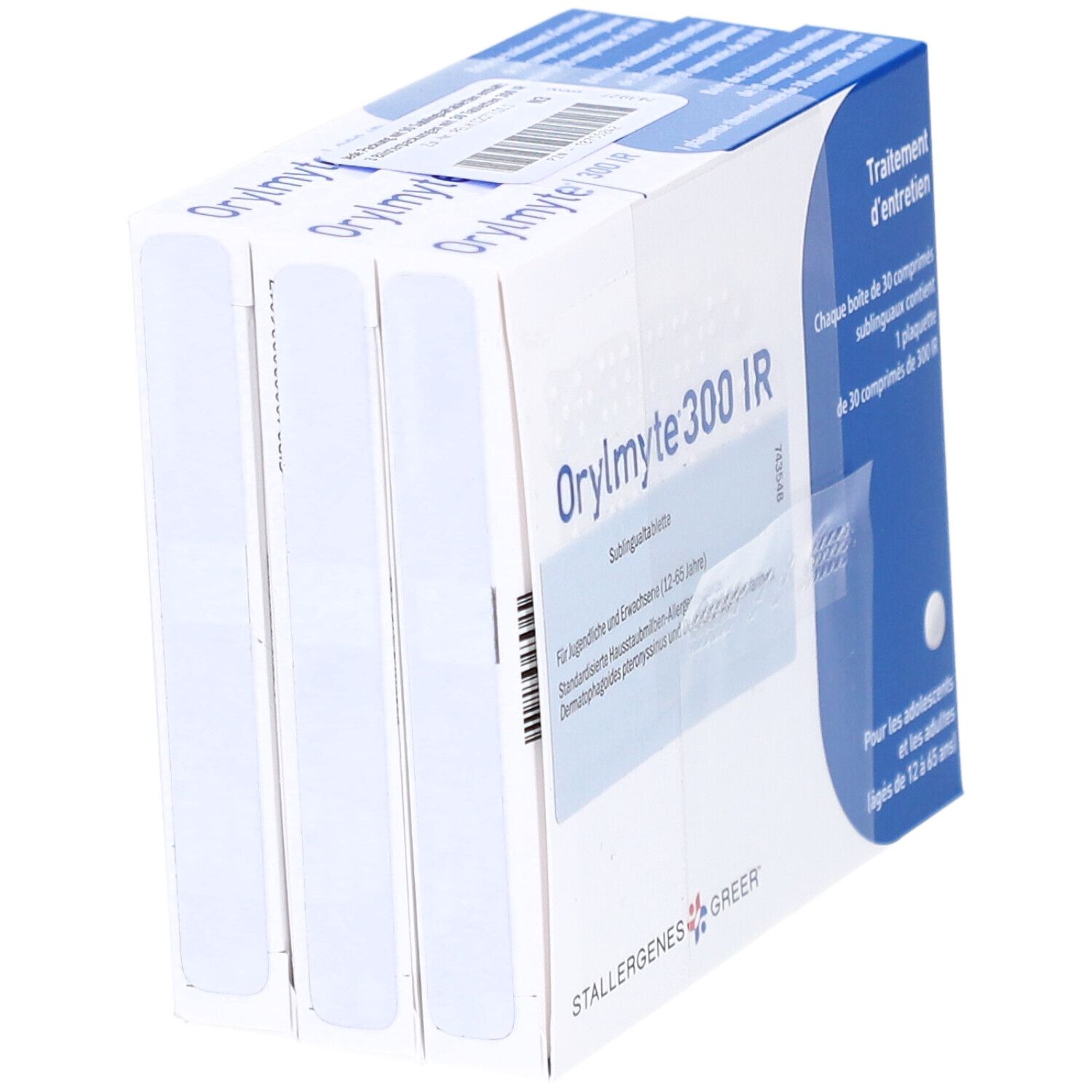 Orylmite 300 IR-Packungen. Weiße Packungen mit blauen Akzenten. Text: Orylmite 300 IR. STALLERGENES GREER. Behandlung für Erwachsene.