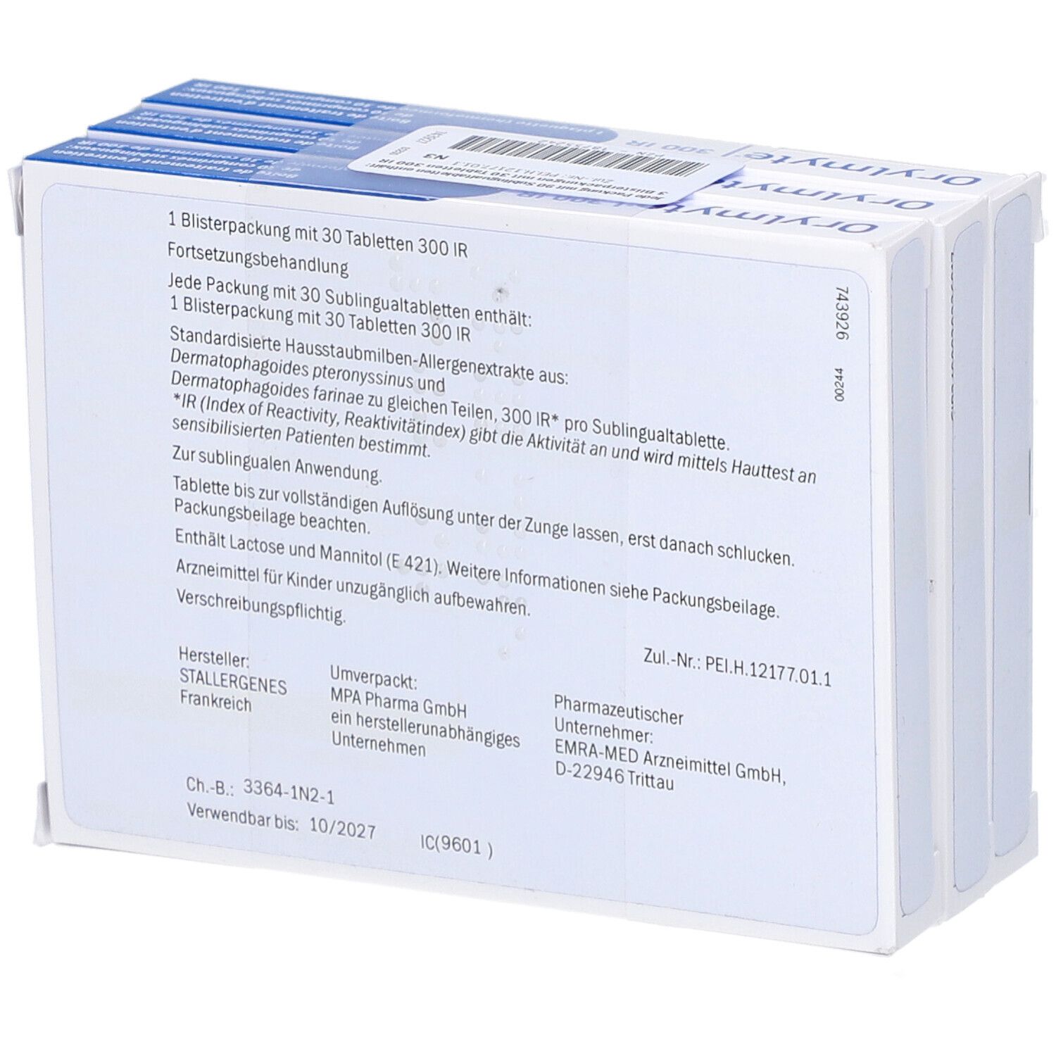 Rückseite der Orylmite 300 IR-Packung. Textinformationen, Herstellerangaben, Inhaltsstoffe. Text: STALLERGENES. Verfallsdatum.