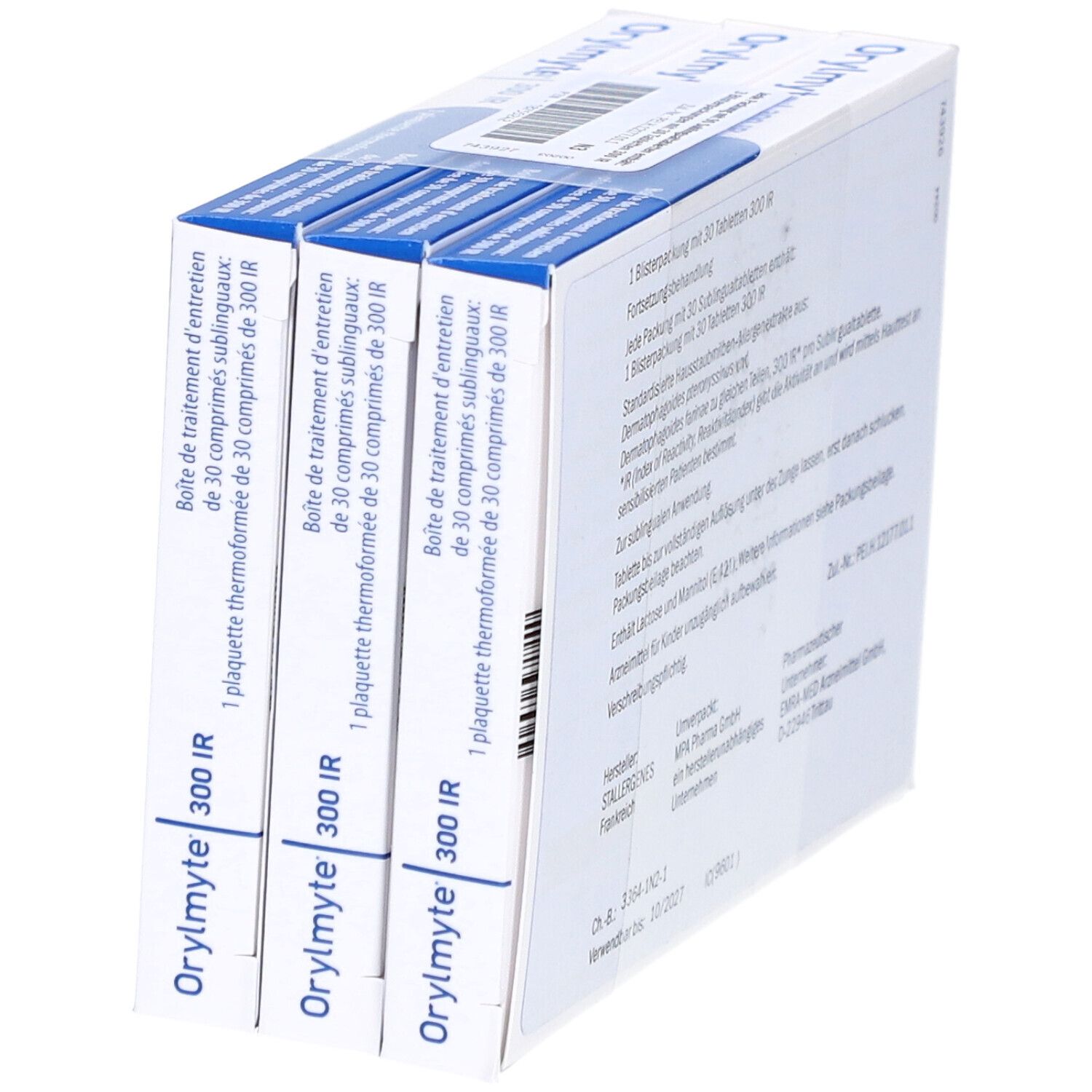 Orylmite 300 IR-Packungen. Weiße Packungen mit blauen Akzenten. Text: Orylmite 300 IR. Behandlung für Erwachsene. STALLERGENES GREER.