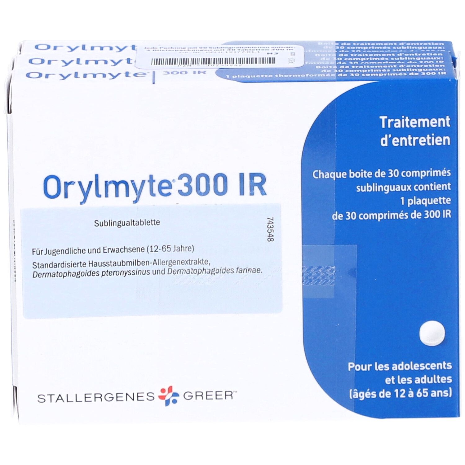Orylmite 300 IR Sublingualtablette. Weiße Schachtel mit blauer Akzentfarbe. Enthält Tabletten. Text: STALLERGENES GREER.