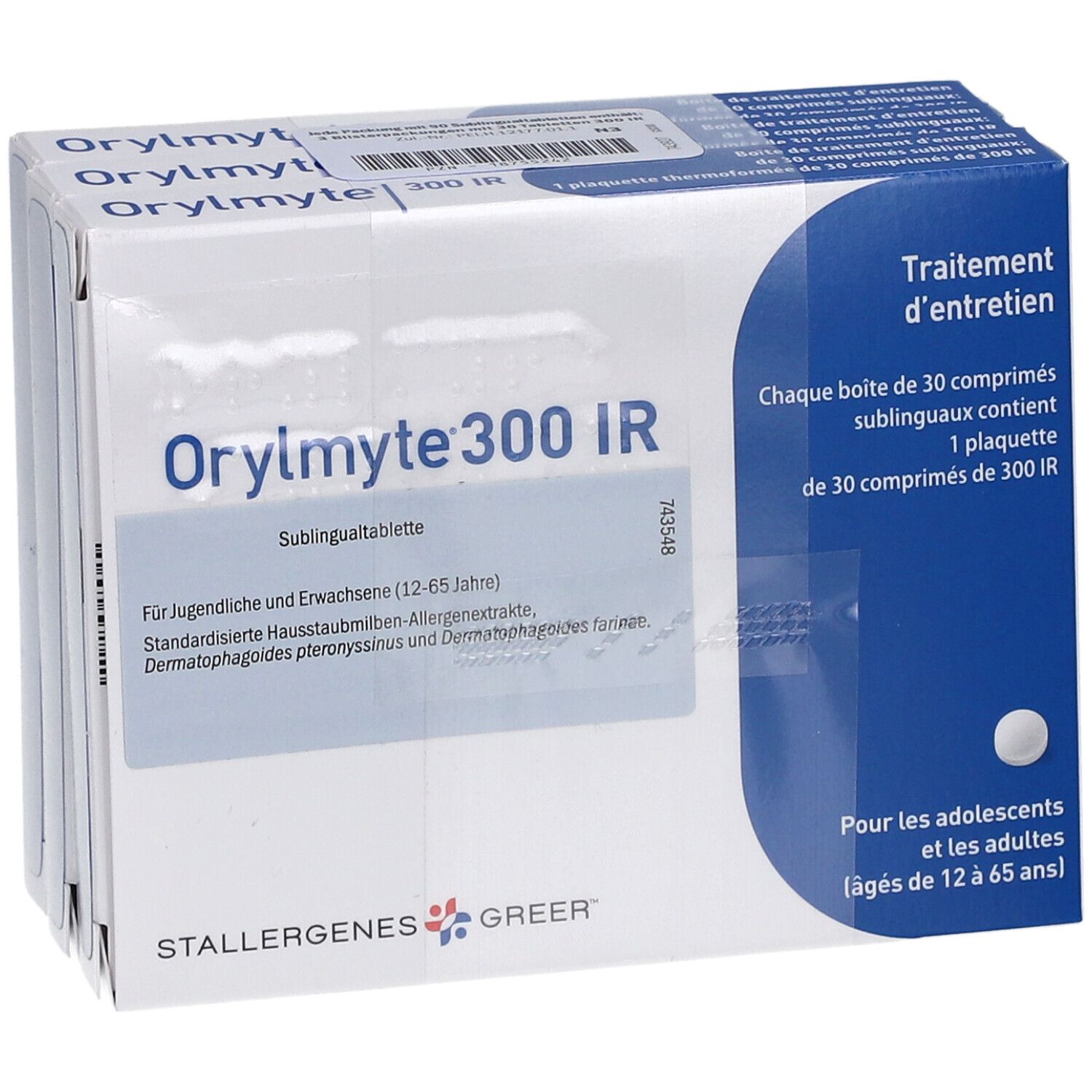 Orylmite 300 IR Sublingualtablette. Weiße Schachtel mit blauer Akzentfarbe. Enthält Tabletten. Text: STALLERGENES GREER.