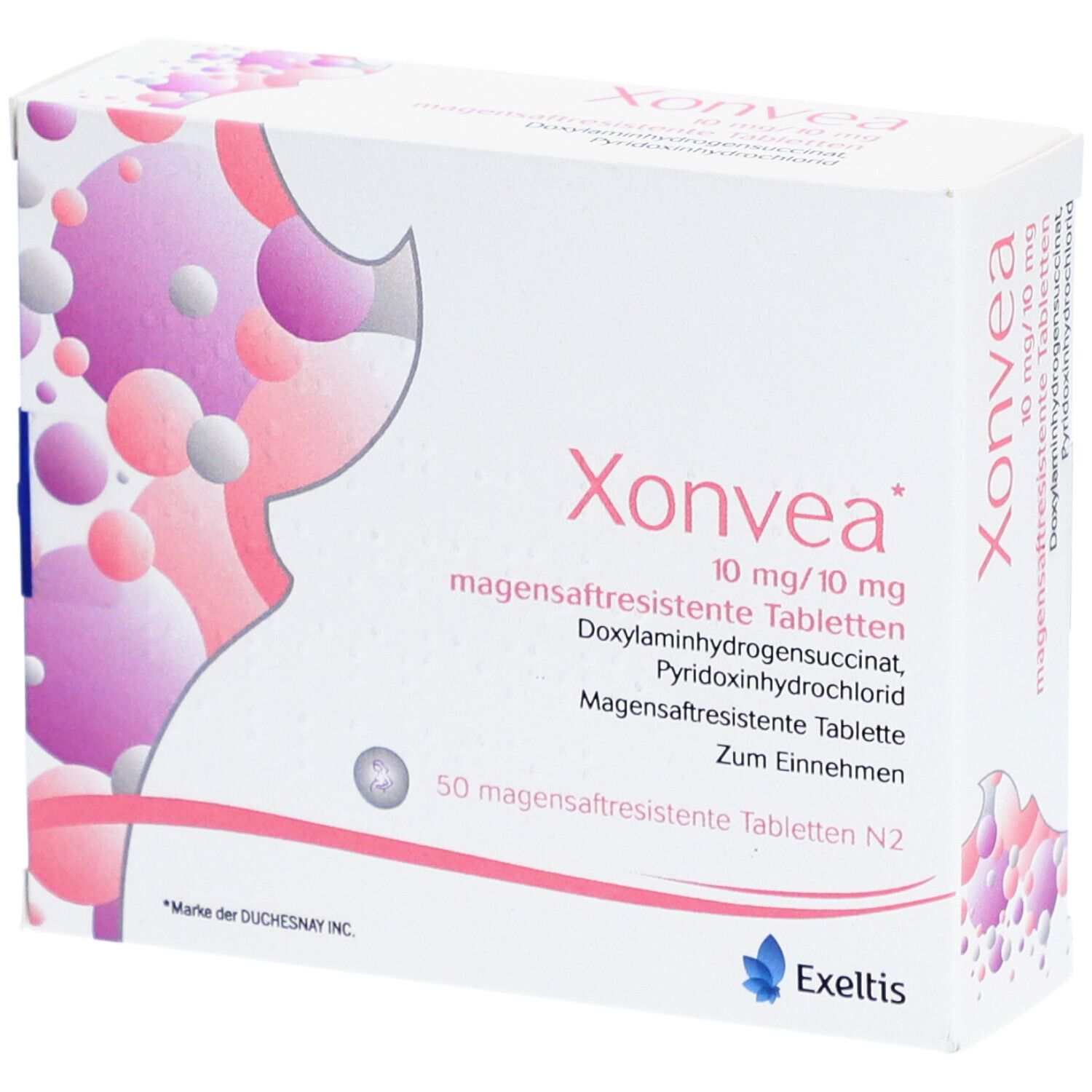Schachtel mit Xonvea Tabletten. Aufschrift: 10 mg/10 mg magensaftresistente Tabletten. Hersteller: Exeltis.