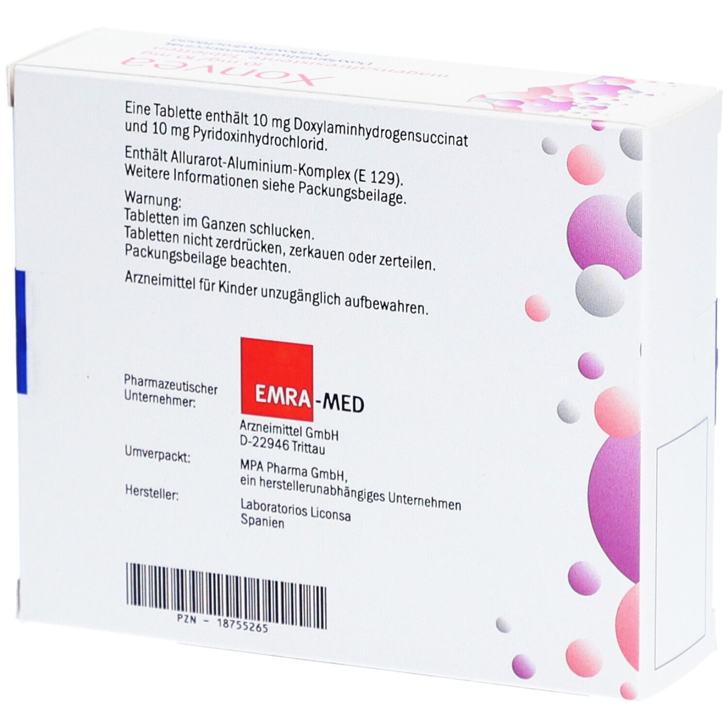 Rückseite der Xonvea Tabletten-Schachtel. Informationen zu Inhaltsstoffen, Warnhinweisen und Hersteller: EMRA-MED.