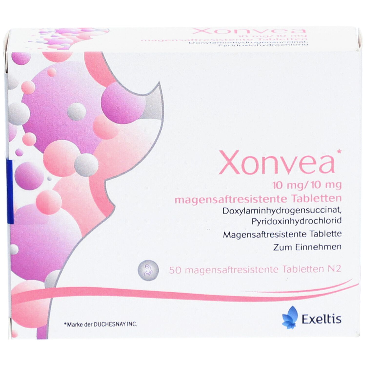 Schachtel mit Xonvea Tabletten. Aufschrift: 10 mg/10 mg magensaftresistente Tabletten. Hersteller: Exeltis.