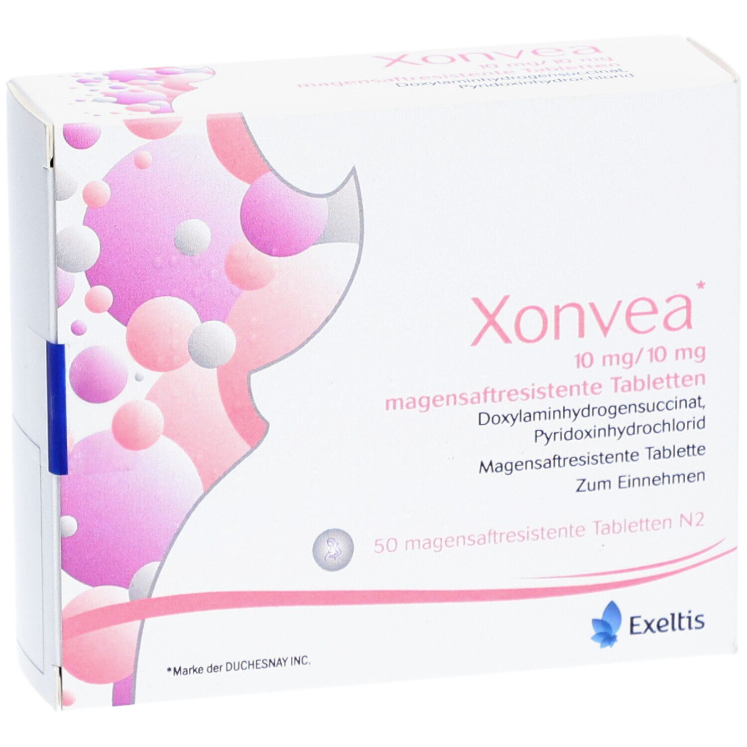 Schachtel mit Xonvea Tabletten. Aufschrift: 10 mg/10 mg magensaftresistente Tabletten. Hersteller: Exeltis.