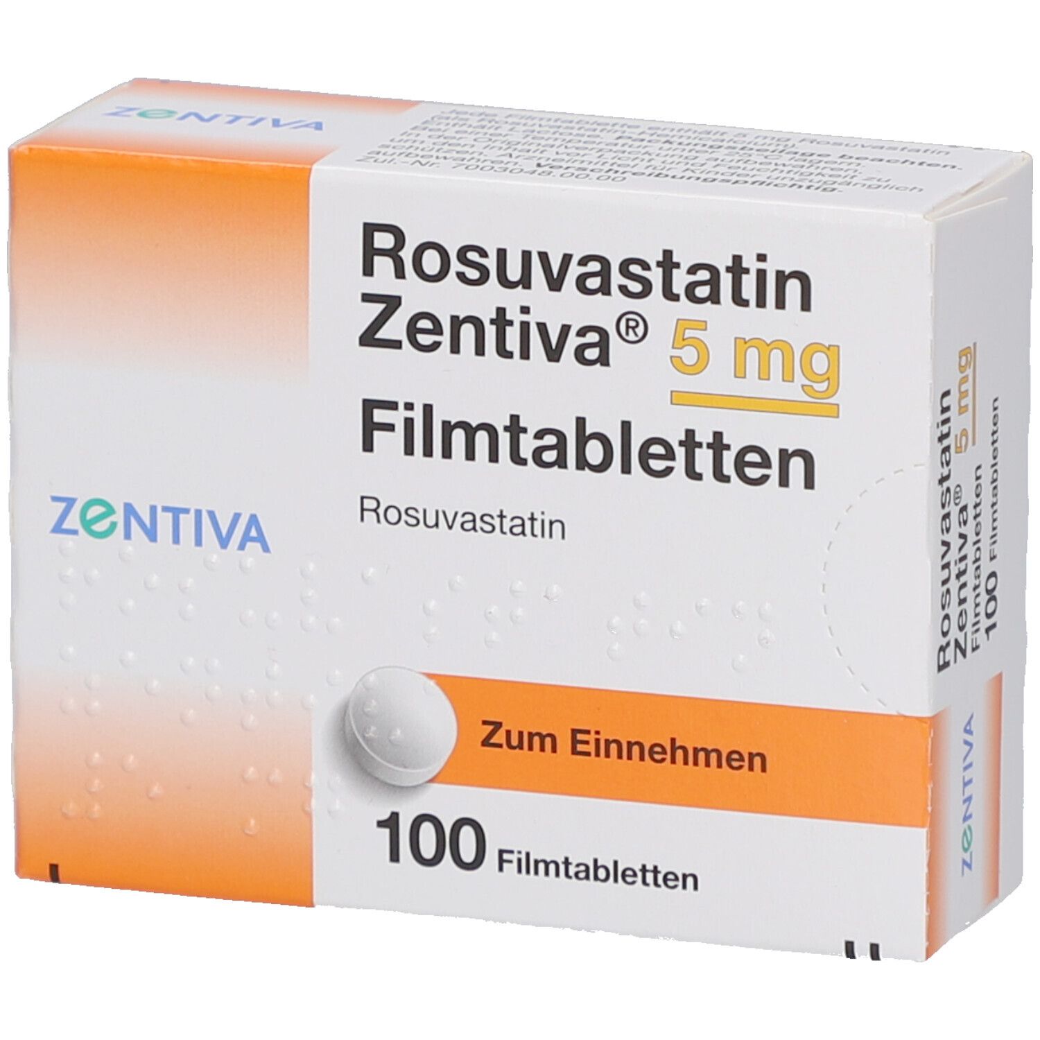 Schachtel mit Rosuvastatin Zentiva 5 mg Filmtabletten. Enthält 100 Tabletten. Aufschrift: Zum Einnehmen.