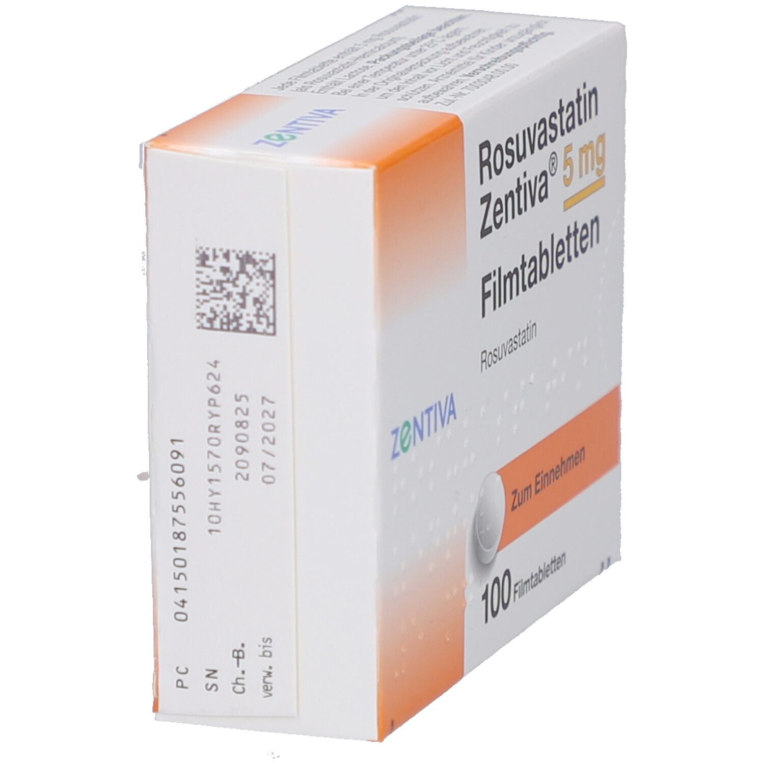 Seitenansicht der Schachtel mit Rosuvastatin Zentiva 5 mg Filmtabletten. Enthält Chargennummer und Verfallsdatum.