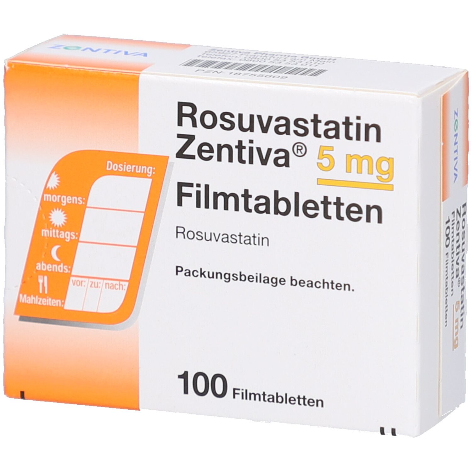Schachtel mit Rosuvastatin Zentiva 5 mg Filmtabletten. Dosierungshinweise auf der Verpackung. Enthält 100 Tabletten.