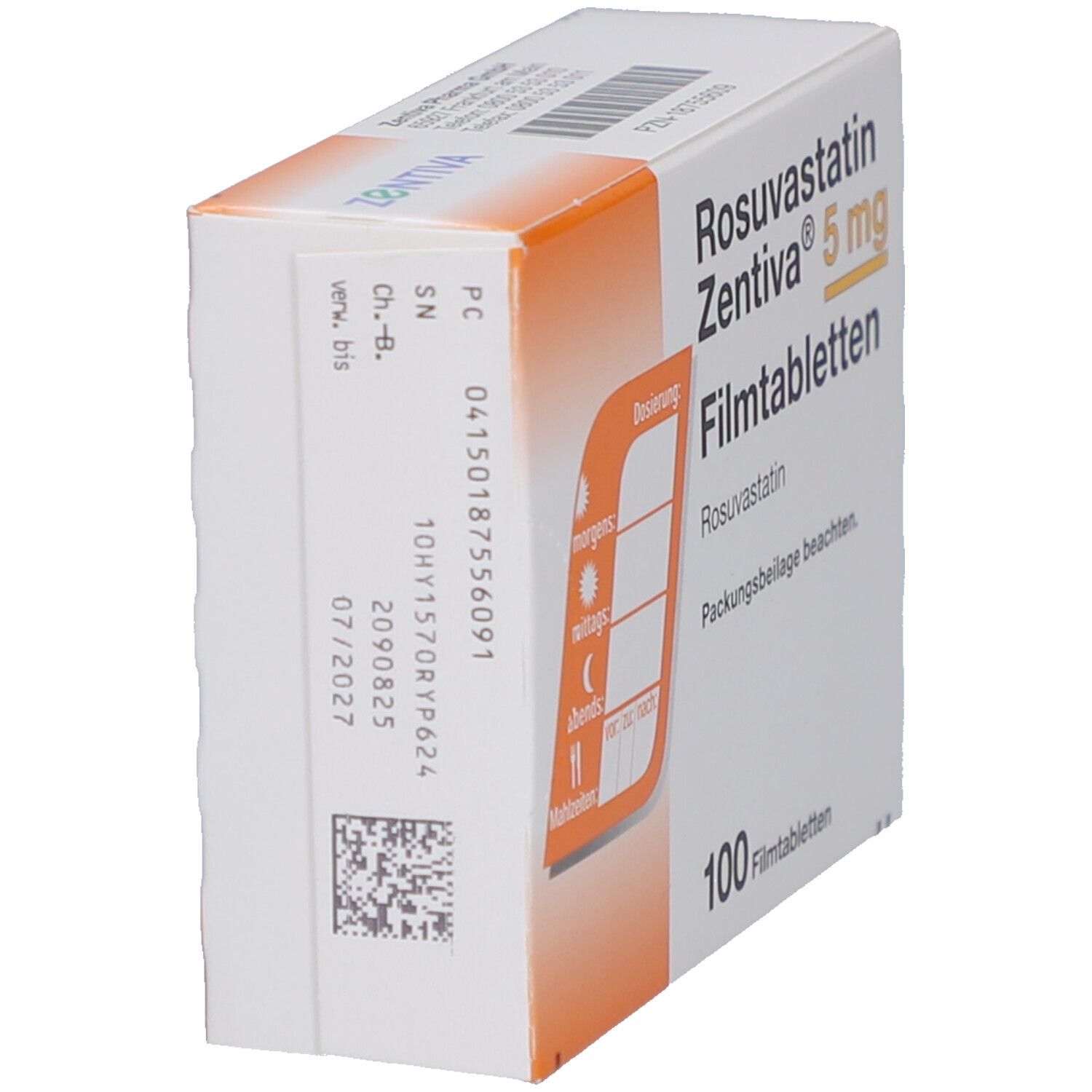 Seitenansicht der Schachtel mit Rosuvastatin Zentiva 5 mg Filmtabletten. Dosierungshinweise und Chargennummer sichtbar.