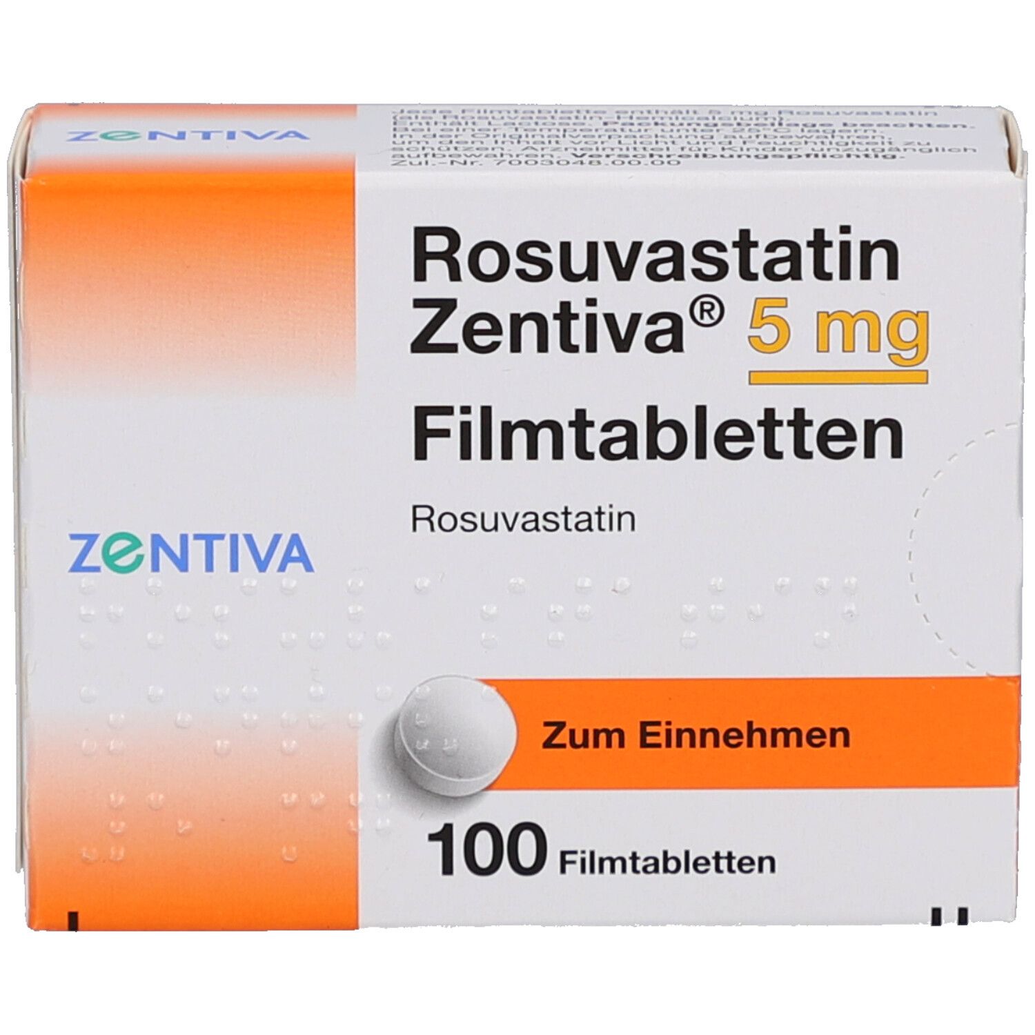 Schachtel mit Rosuvastatin Zentiva 5 mg Filmtabletten. Enthält 100 Tabletten. Aufschrift: Zum Einnehmen. Tablette abgebildet.