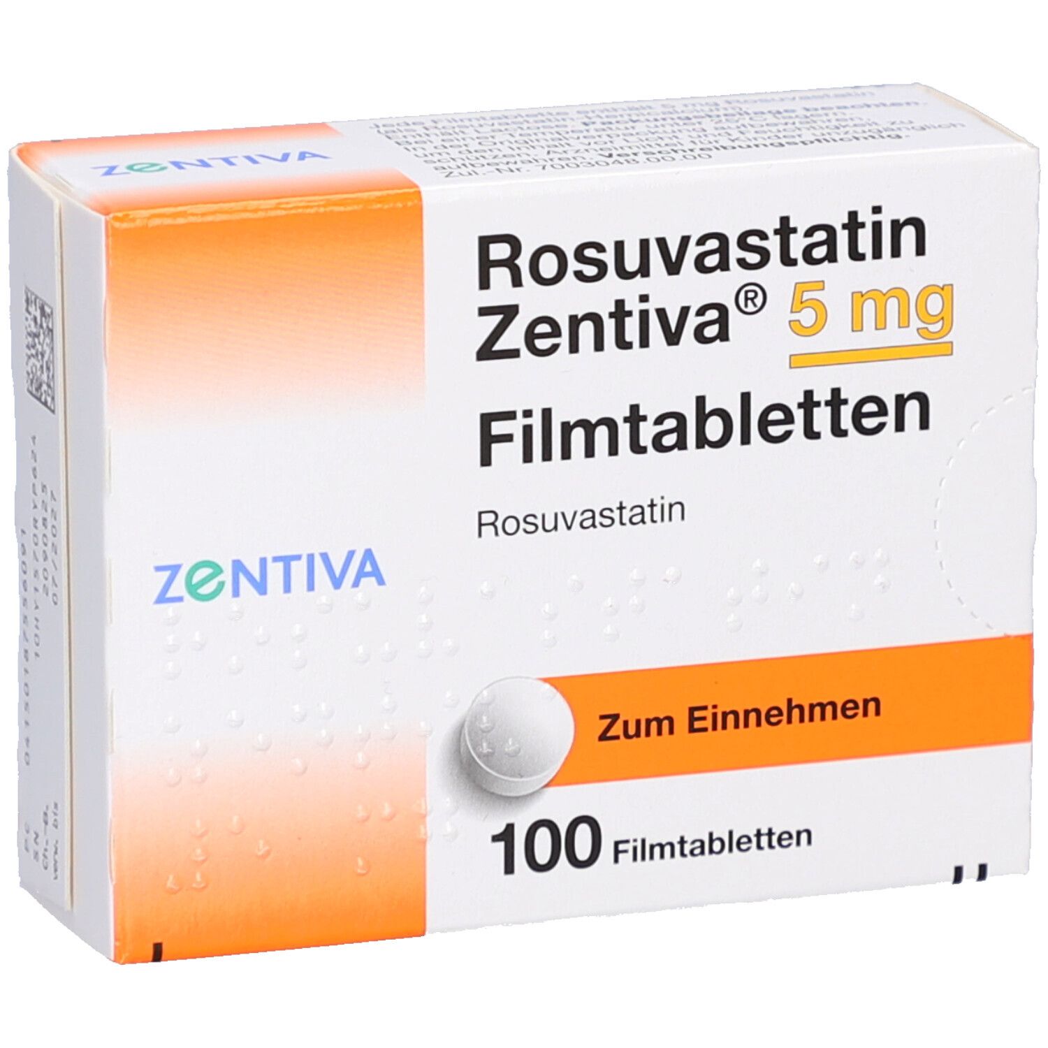 Schachtel mit Rosuvastatin Zentiva 5 mg Filmtabletten. Enthält 100 Tabletten. Aufschrift: Zum Einnehmen. Tablette abgebildet.