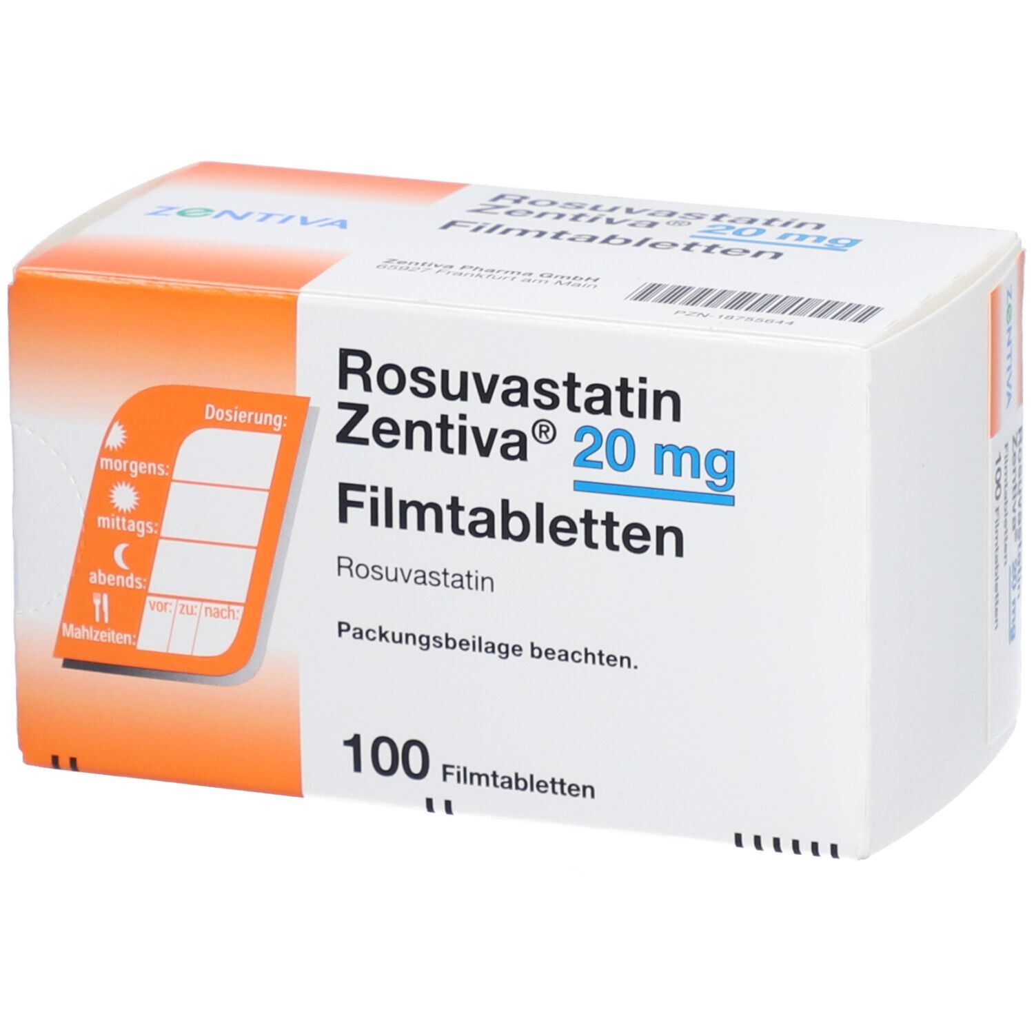 Schachtel mit ROSUVASTATIN Zentiva 20 mg Filmtabletten. Dosierungshinweise auf der Verpackung. 100 Tabletten.