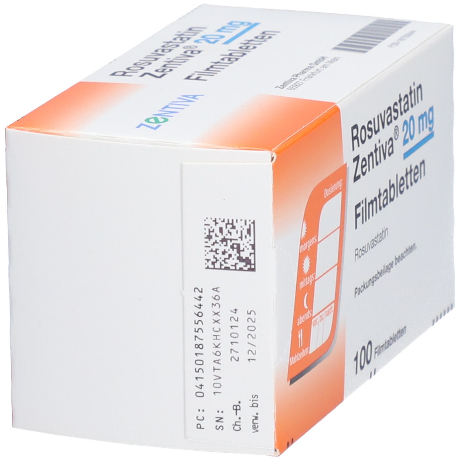 Seitenansicht der Schachtel mit ROSUVASTATIN Zentiva 20 mg Filmtabletten. Barcode und Dosierungshinweise sichtbar.