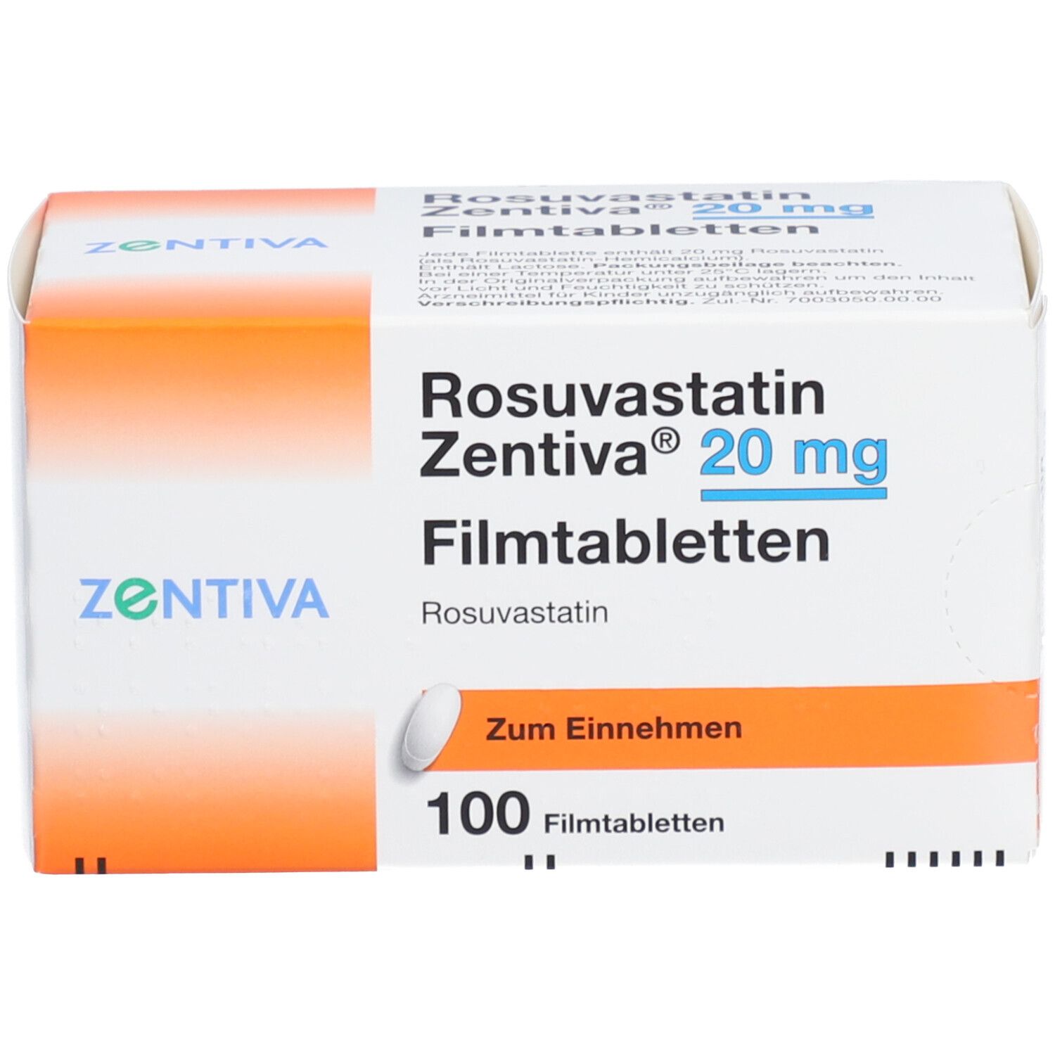 Schachtel mit ROSUVASTATIN Zentiva 20 mg Filmtabletten. 100 Tabletten. Aufdruck: Rosuvastatin, Zum Einnehmen. Tablette daneben.