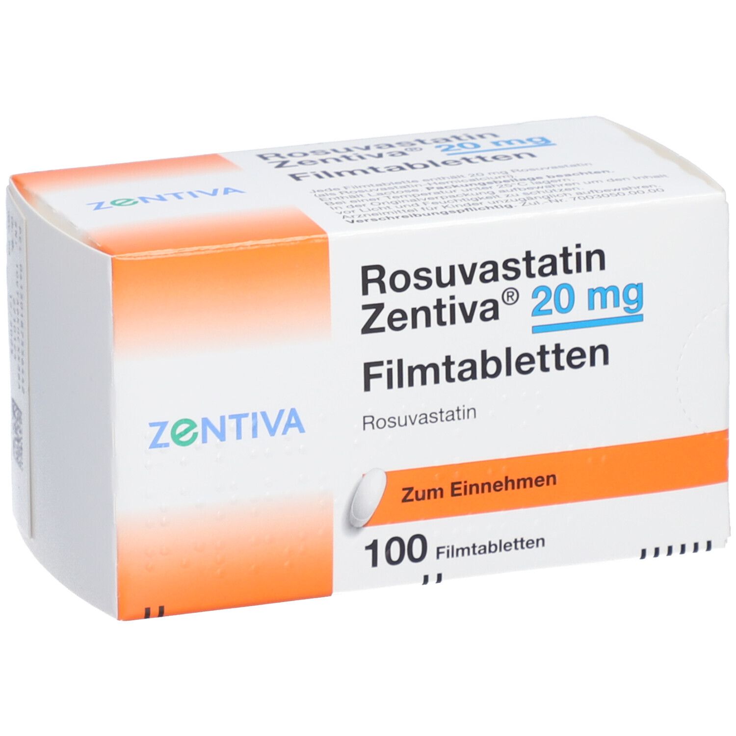 Schachtel mit ROSUVASTATIN Zentiva 20 mg Filmtabletten. 100 Tabletten. Aufdruck: Rosuvastatin, Zum Einnehmen.