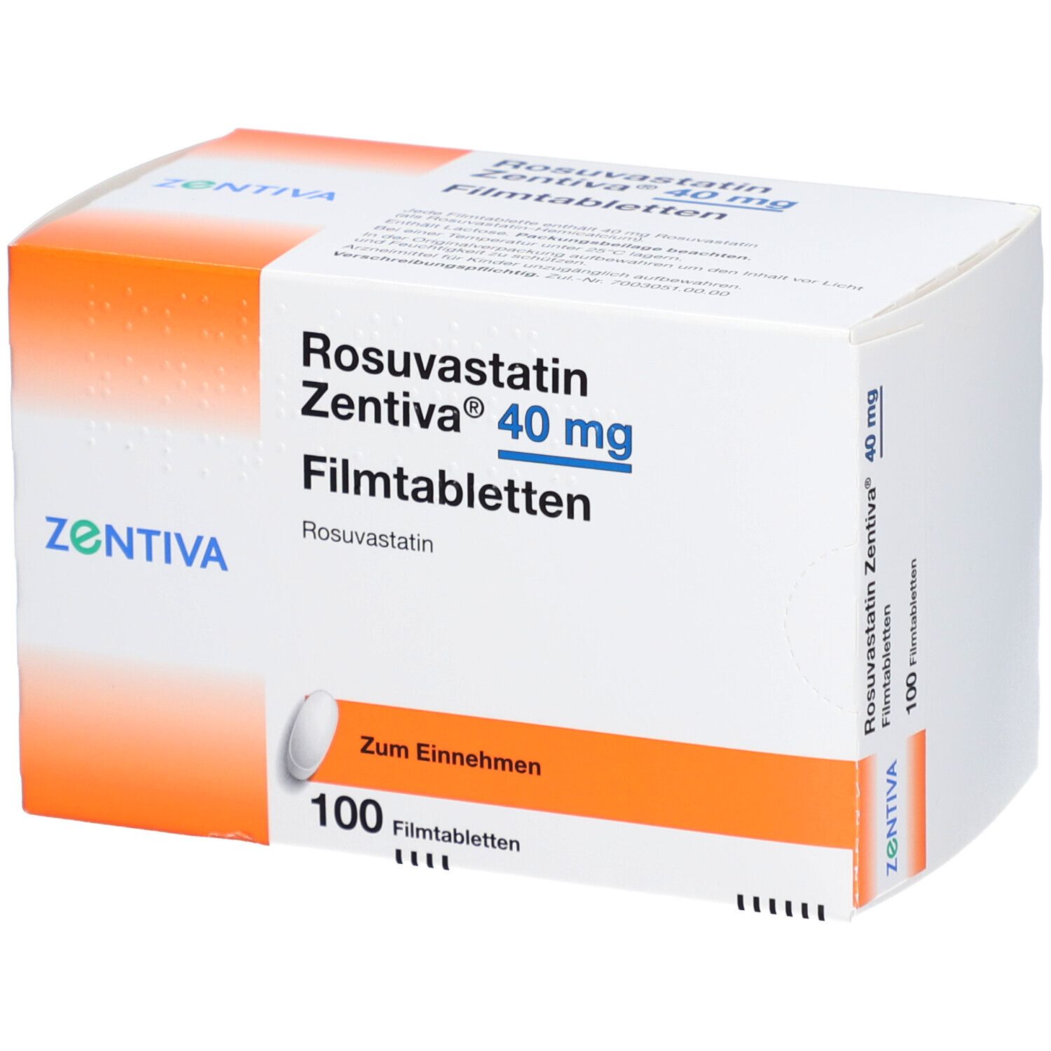 Schachtel mit Rosuvastatin Zentiva 40 mg Filmtabletten. Enthält 100 Tabletten. Zentiva-Logo.