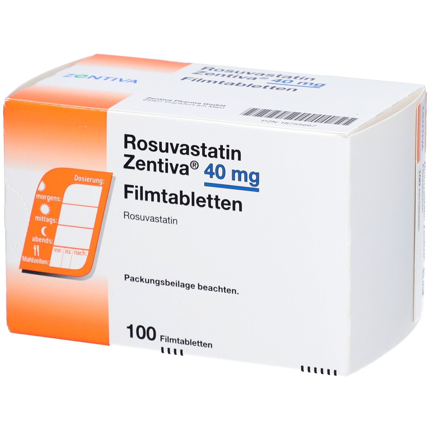 Schachtel mit Rosuvastatin Zentiva 40 mg Filmtabletten. Dosierungshinweise auf der Verpackung. Zentiva-Logo.