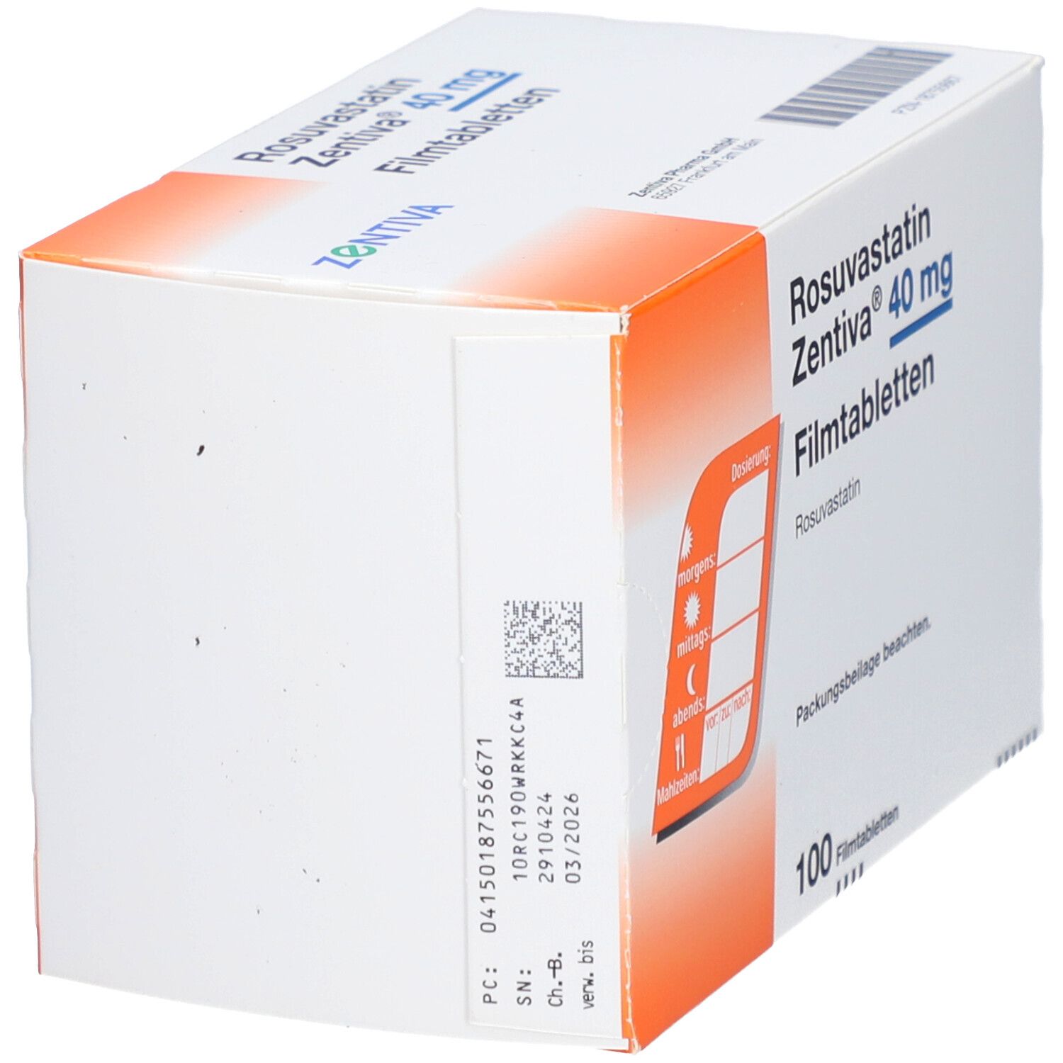 Schachtel mit Rosuvastatin Zentiva 40 mg Filmtabletten. Seitenansicht mit Dosierungshinweisen. Zentiva-Logo.