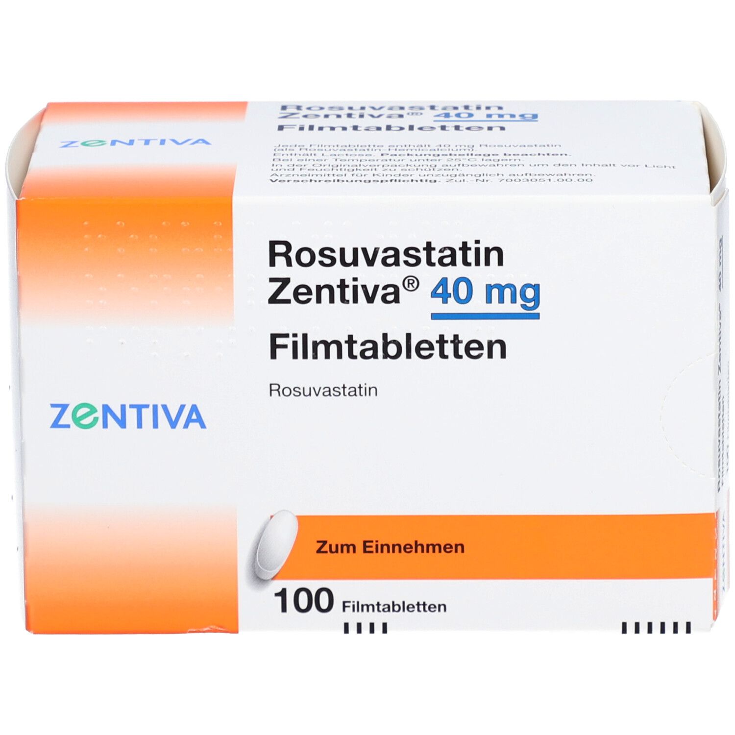 Schachtel mit Rosuvastatin Zentiva 40 mg Filmtabletten. Enthält 100 Tabletten. Zentiva-Logo.