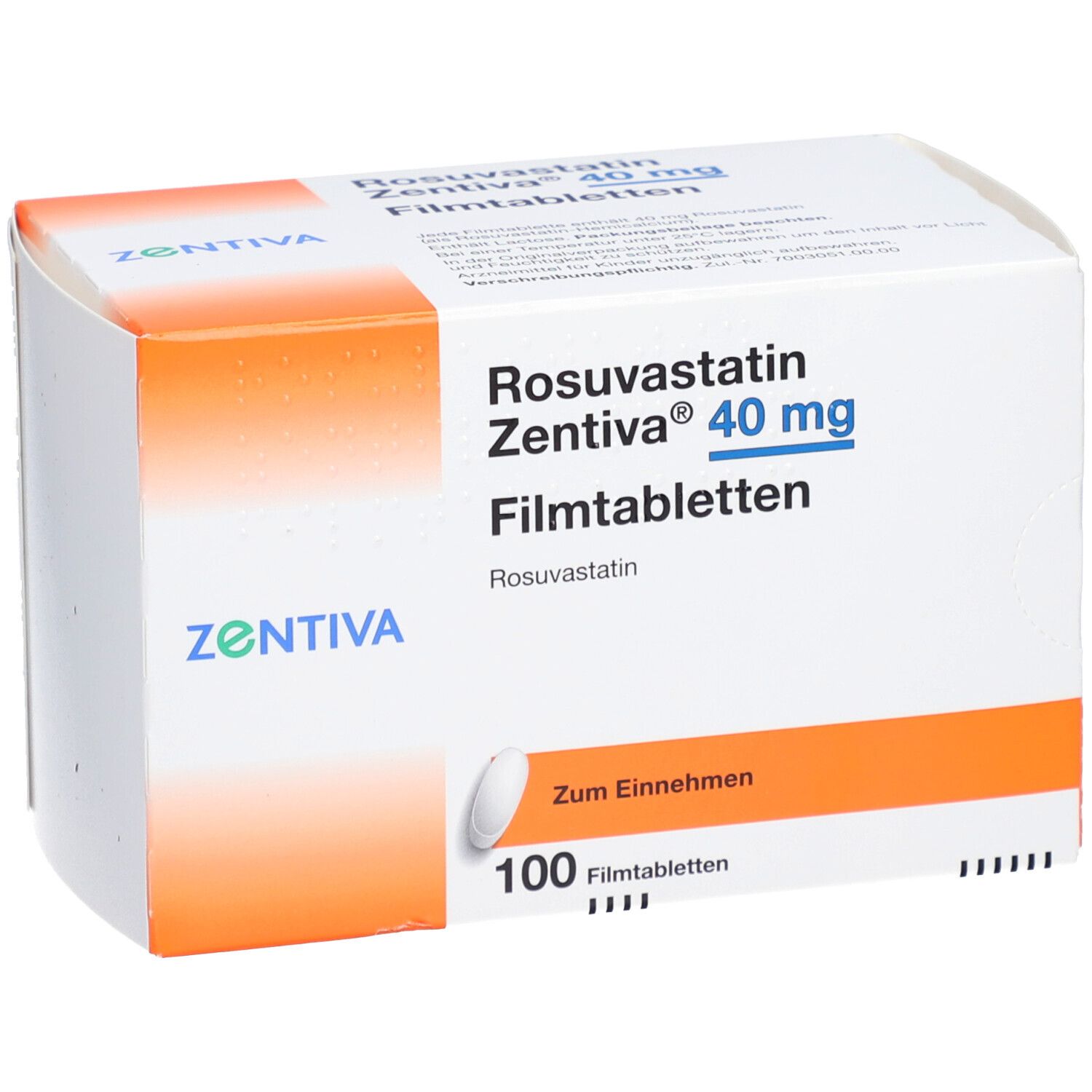 Schachtel mit Rosuvastatin Zentiva 40 mg Filmtabletten. Enthält 100 Tabletten. Zentiva-Logo.
