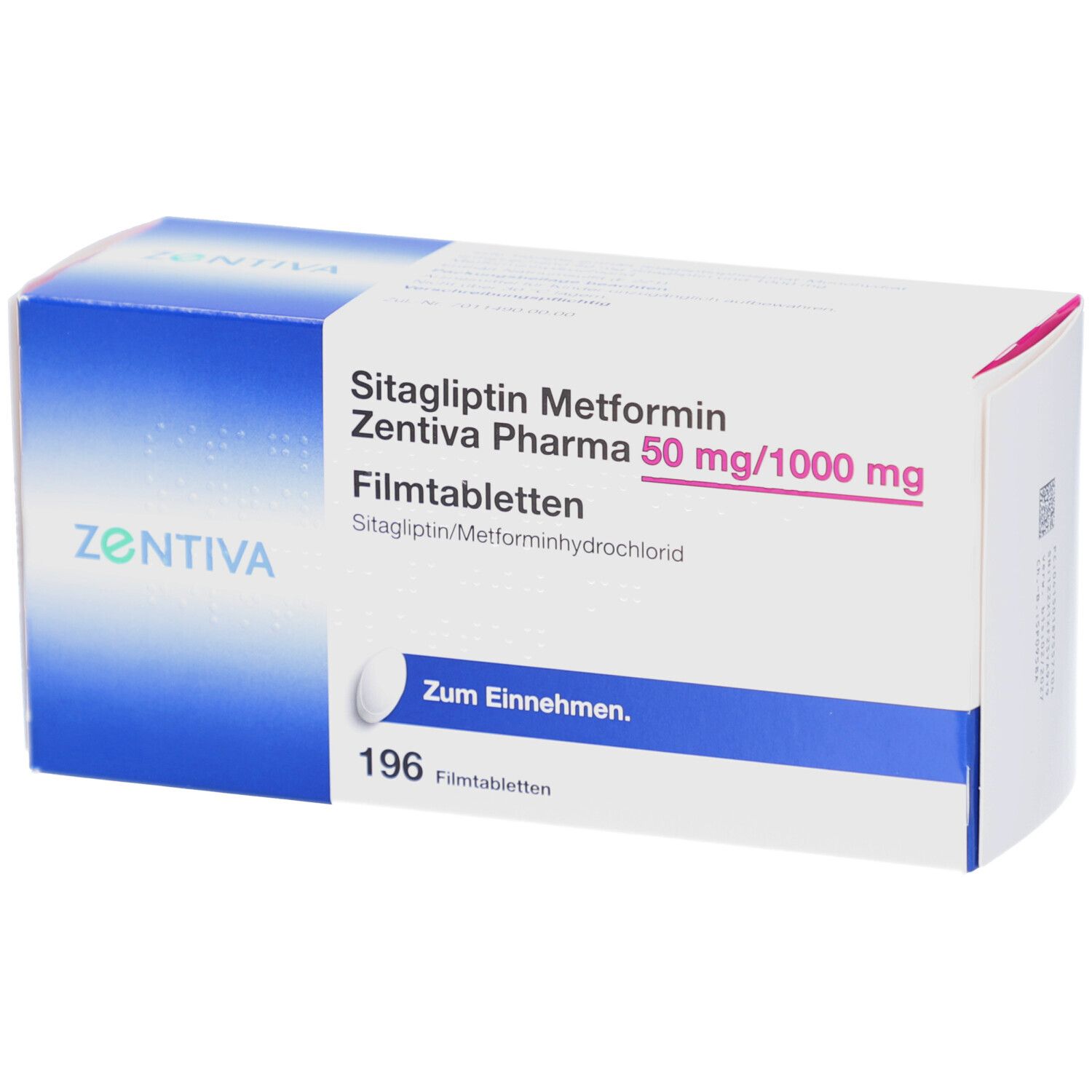 Verpackung von Sitagliptin Metformin Zentiva Pharma 50 mg/1000 mg Filmtabletten. Enthält 196 Tabletten. Mit Aufschrift 'Zum Einnehmen'.