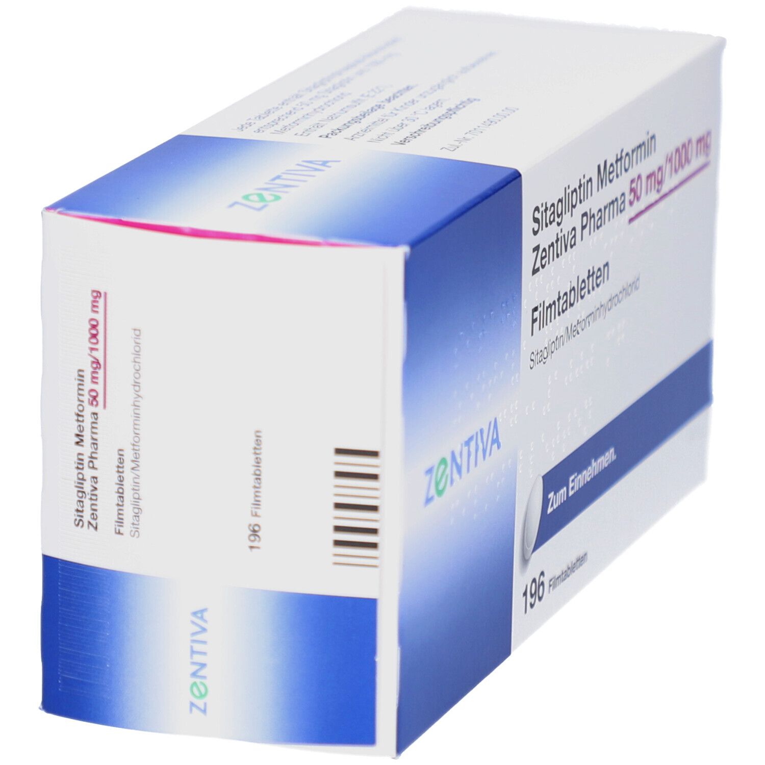 Schrägansicht der Verpackung von Sitagliptin Metformin Zentiva Pharma 50 mg/1000 mg Filmtabletten. Enthält 196 Tabletten.