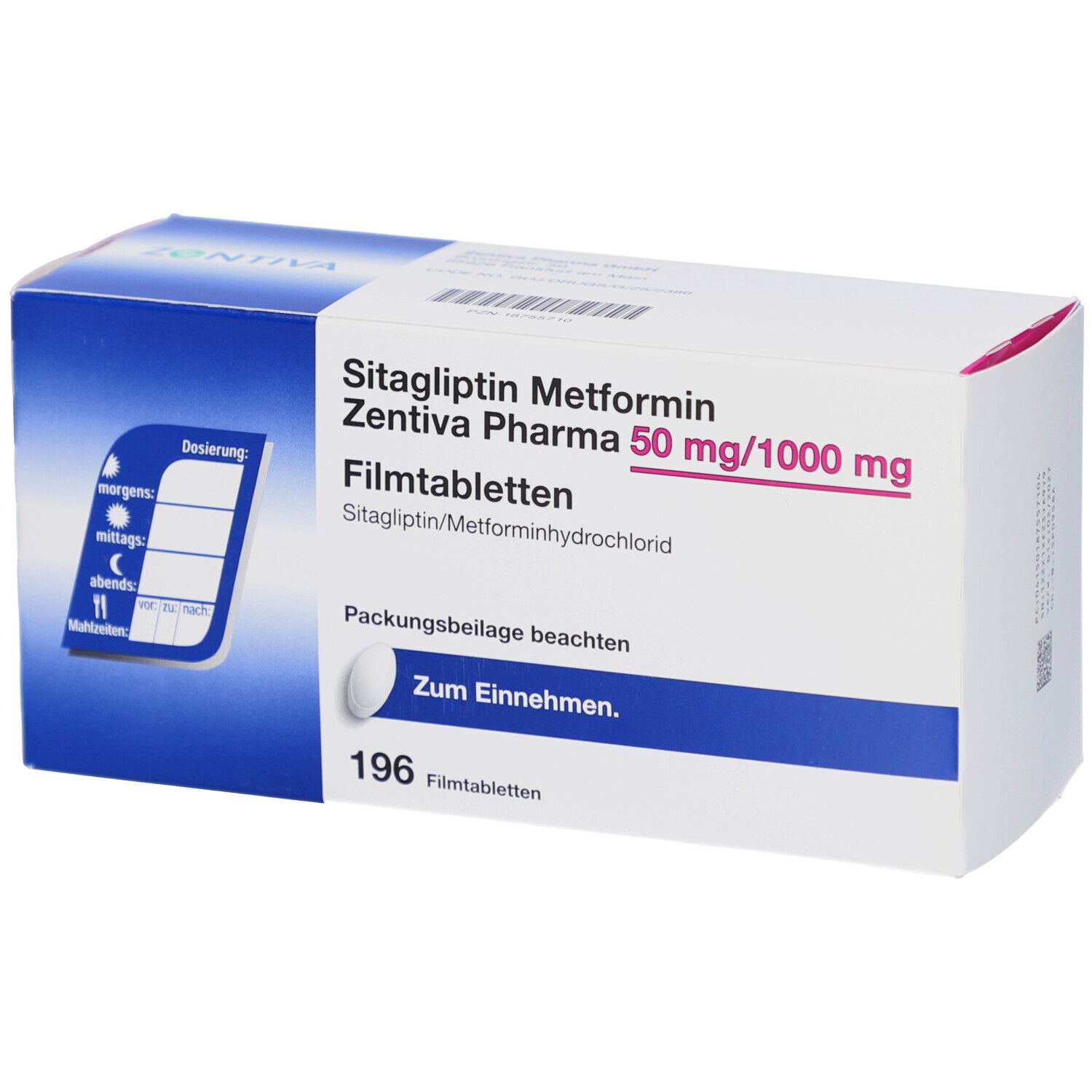 Verpackung von Sitagliptin Metformin Zentiva Pharma 50 mg/1000 mg Filmtabletten. Mit Dosierungshinweisen und 196 Tabletten.