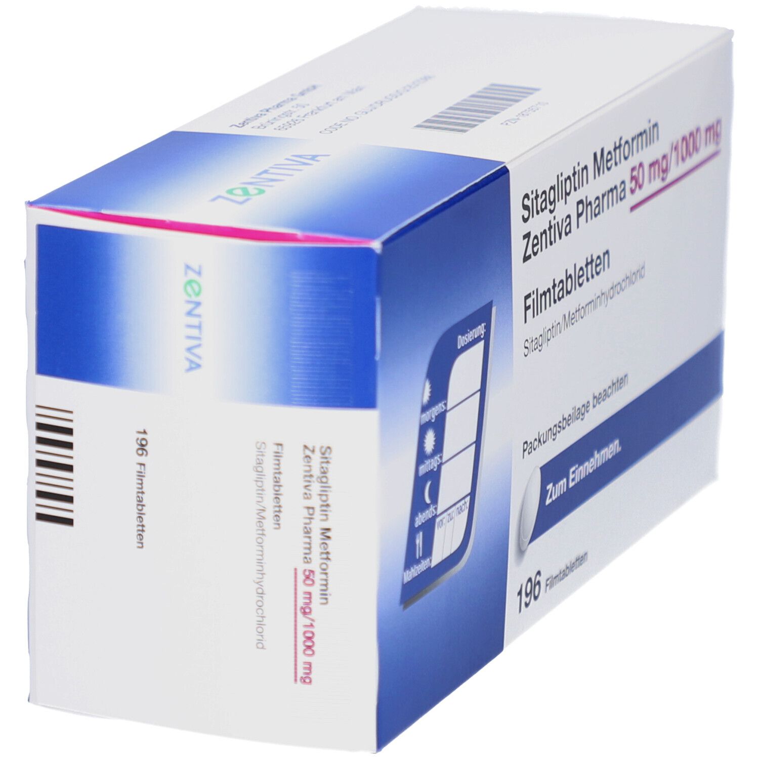 Schrägansicht der Verpackung von Sitagliptin Metformin Zentiva Pharma 50 mg/1000 mg Filmtabletten. Mit Dosierungshinweisen und 196 Tabletten.